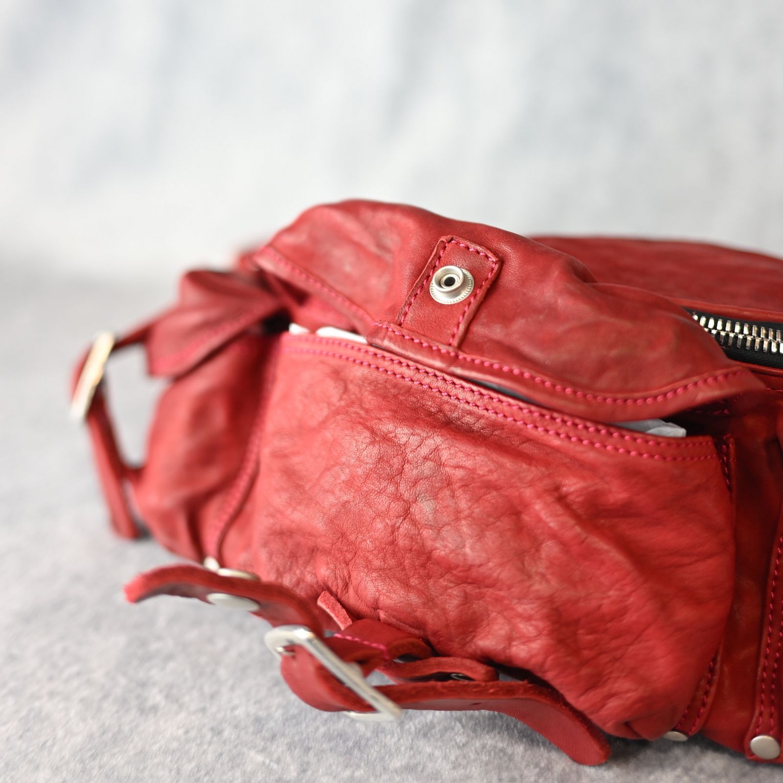 ジャパン ダブルショルダー フルタンニン製品染め 3ピンベルト ウエストバッグ （RED） 92-12