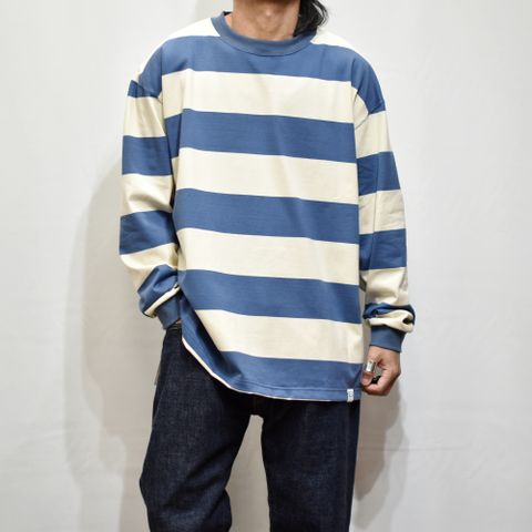 DROP SHOULDER WIDE PITCH L/S T‐SHIRT (WHITE/BLUE)
