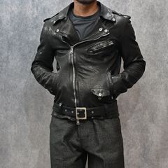 ジャパンカーフ タンニン鞣し 製品洗い ダブルライダース （BLACK） 1927-07