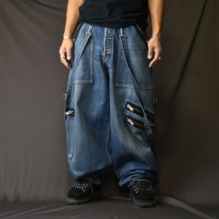 MINEDENIM - ×KIDILL WIDE ZIP & STRAPS DENIM PANTS-DISTRESSED DENIM 