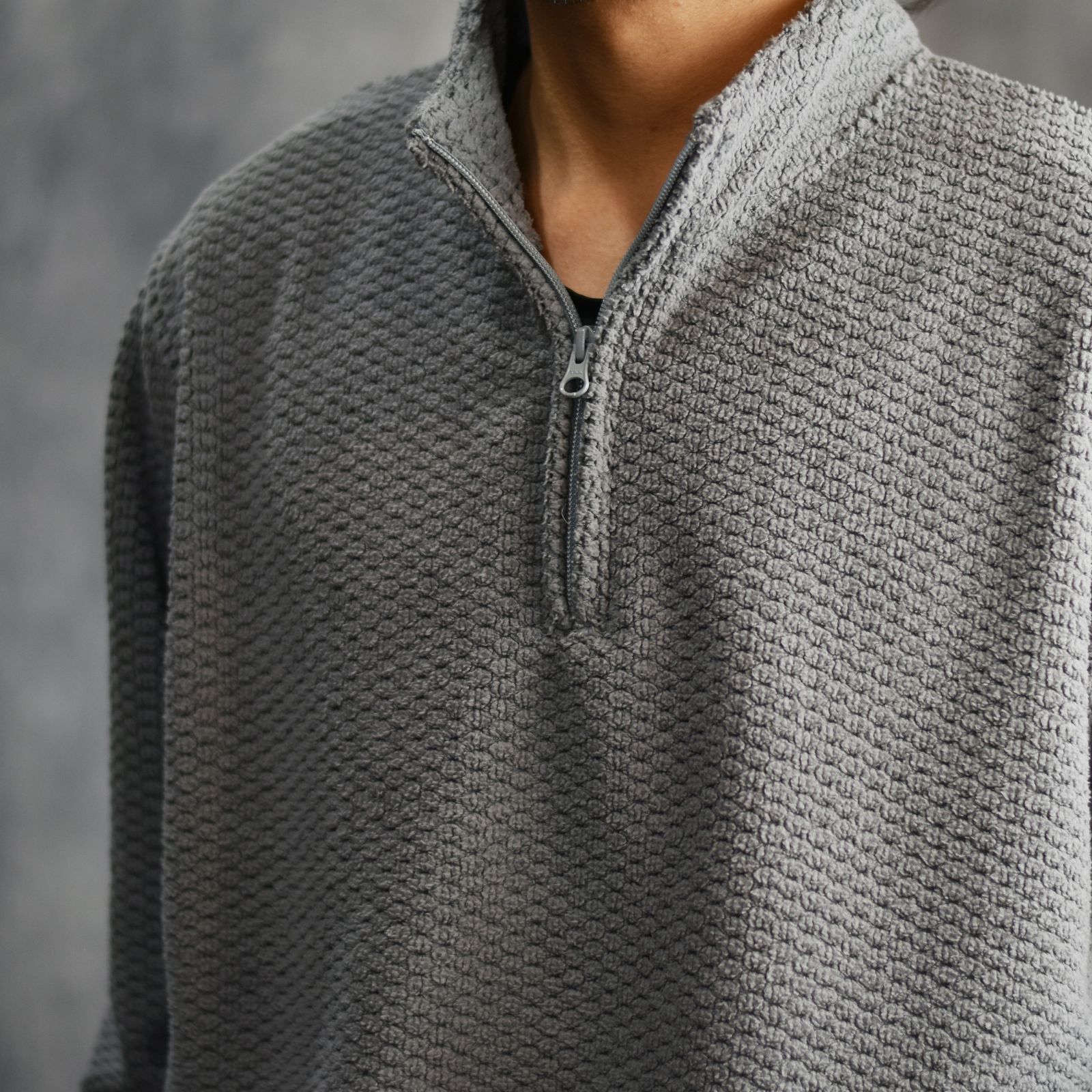 UNEVEN FLLECE HALF ZIP SW (GRAY) / スタンドカラー ハーフジップ フリース シャツ
