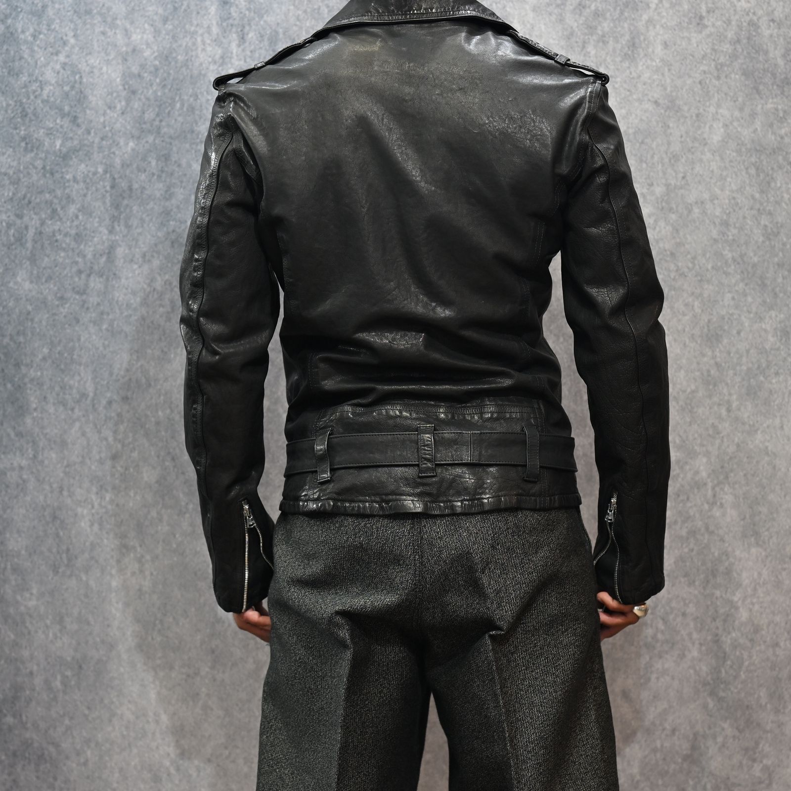 ジャパンカーフ タンニン鞣し 製品洗い ダブルライダース （BLACK） 1927-07