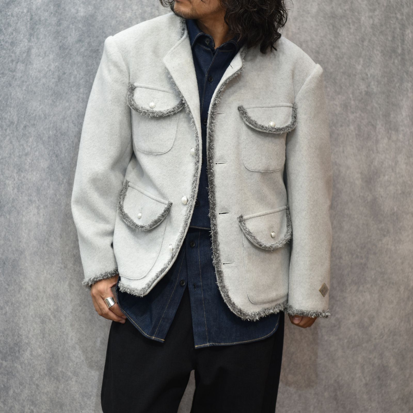 SHAGGY NO COLLAR 4BUTTONS JKT (GRAY)｜シャギー素材 ノーカラー 4ボタン ジャケット｜PD25AJ04