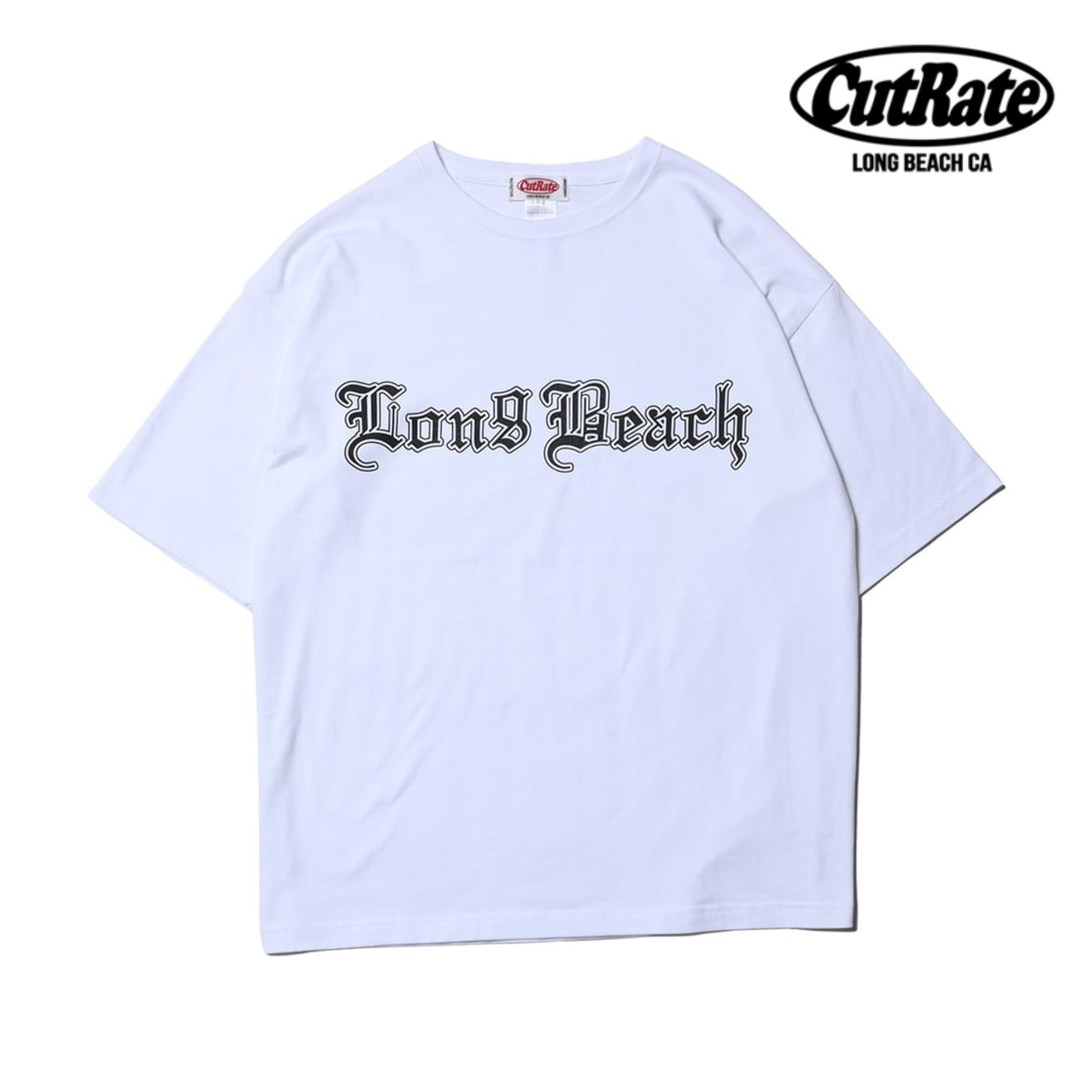 CUTRATE LONG BEACH CA LOGO DROP SHOULDER S/S -T-SHIRT (WHITE) / ドロップショルダー プリントTシャツ