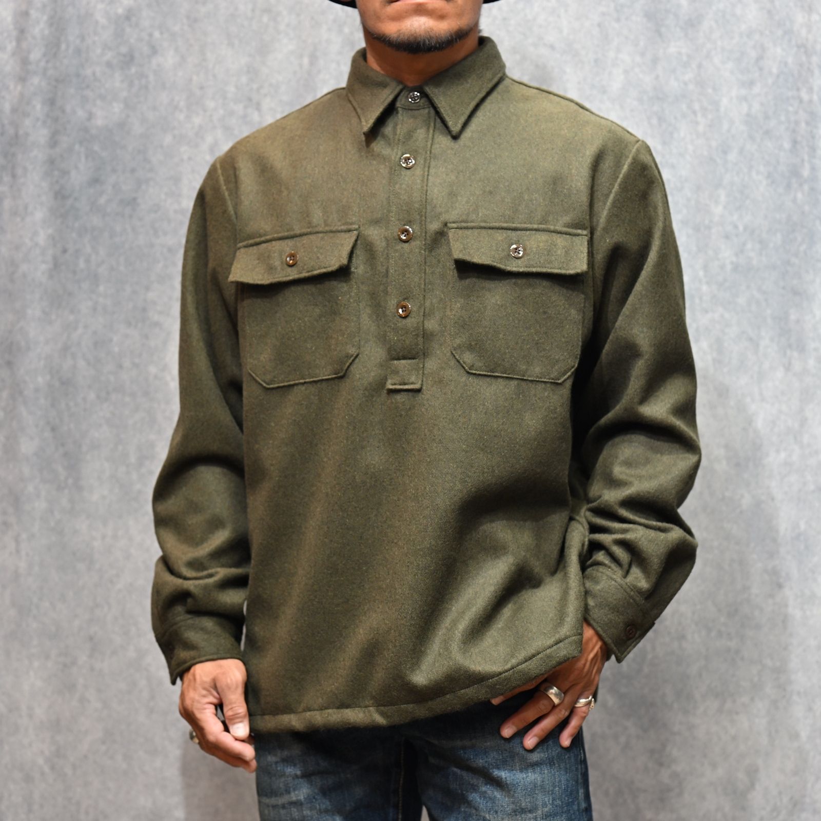 Wool Light Melton Pullover SH （KHA） / ウールメルトン プルオーバーシャツ （カーキ）｜2509-5003