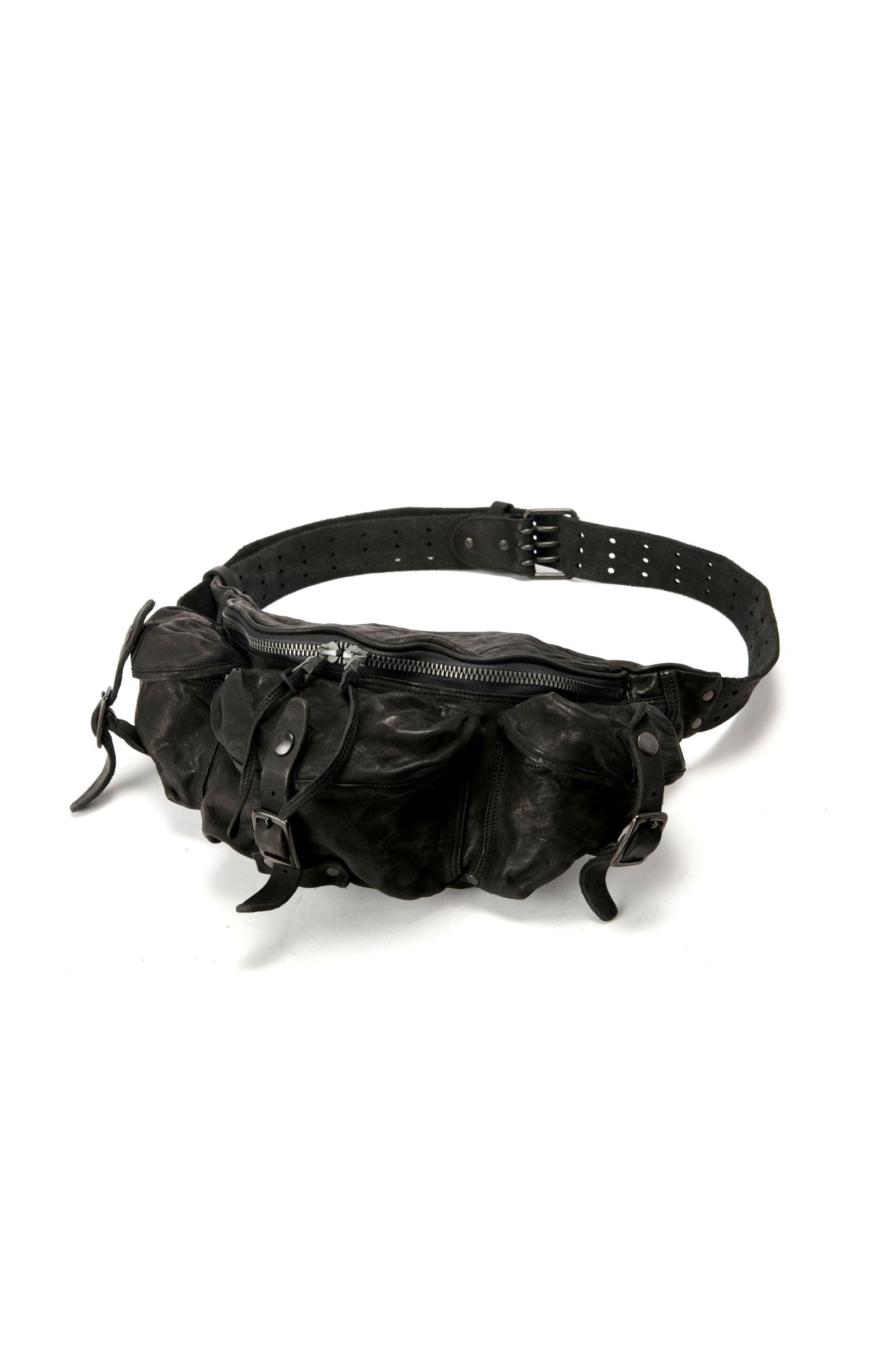 ジャパン ダブルショルダー フルタンニン製品染め 3ピンベルト ウエストバッグ （BLACK）