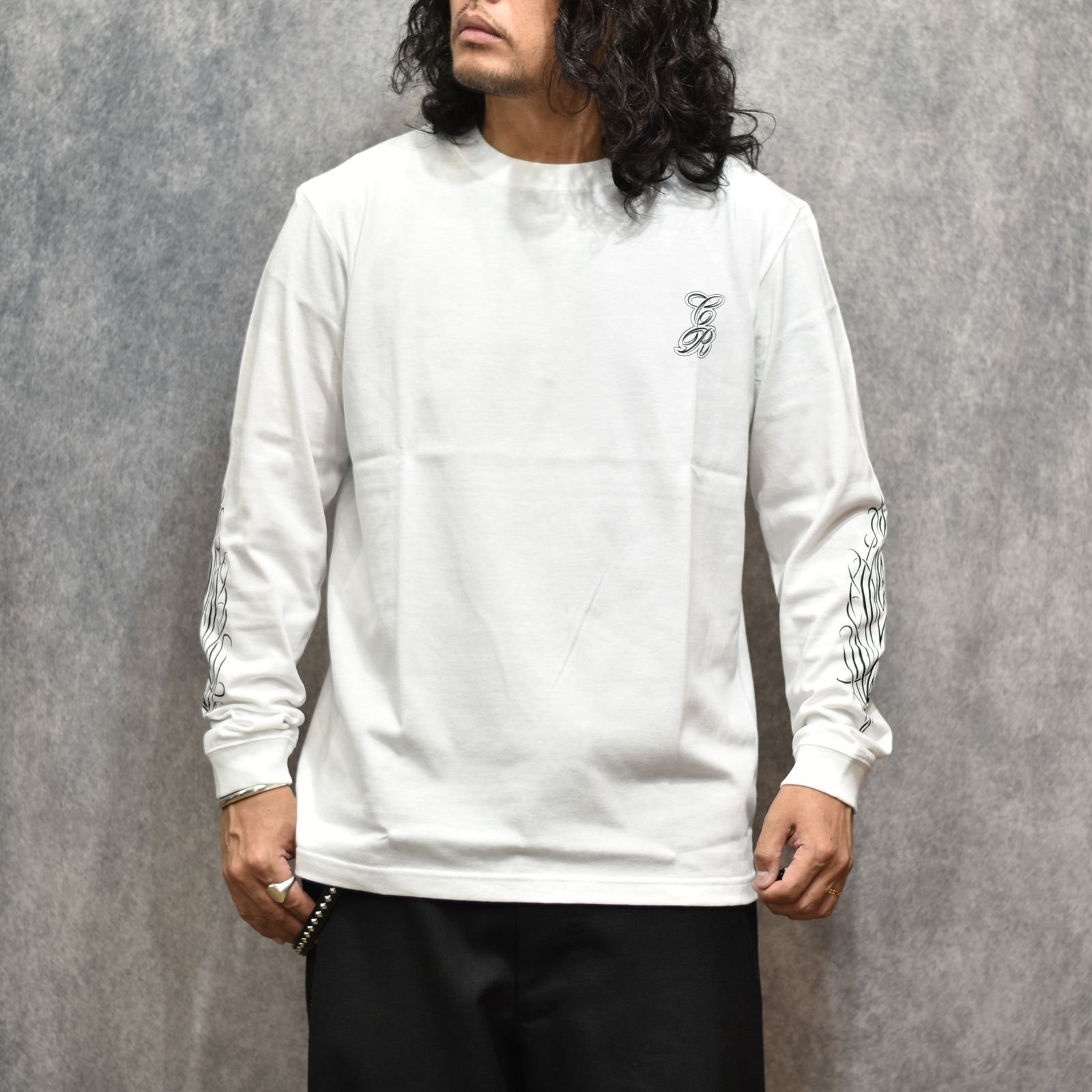 PINSTRIPE L/S TEE (WHITE)｜プリント ロンT｜CR-26SS011