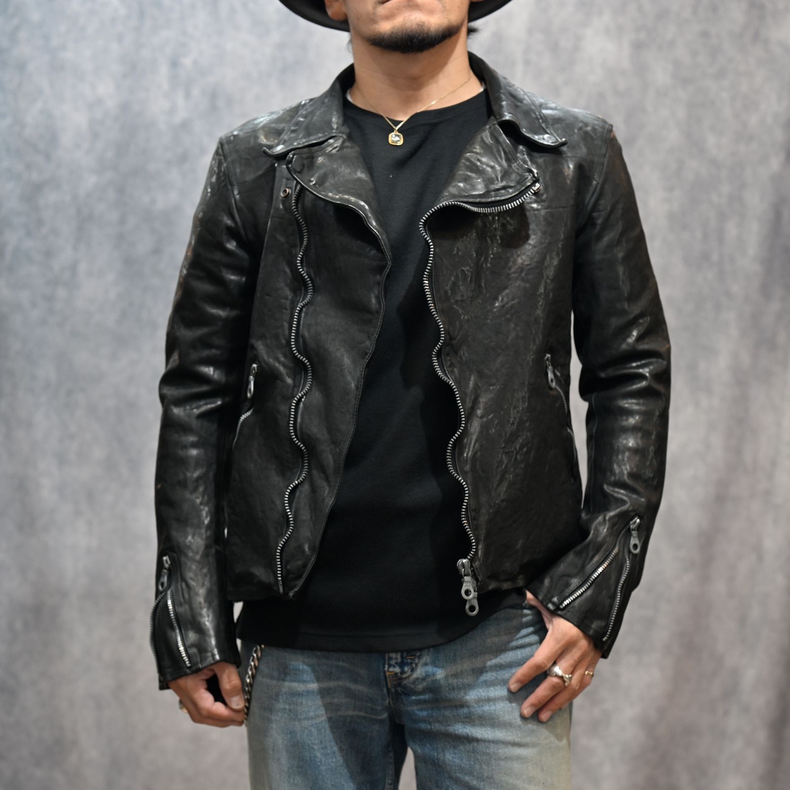 イタリーショルダー製品染め ダブルライダース （BLACK）｜1254-02