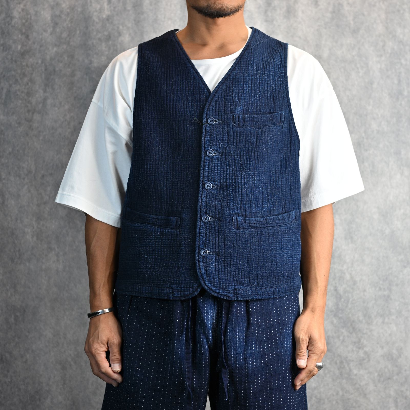 SASHIKO STRIPE VEST  (BLUE) / サシコストライプ VEST （ブルー） PC-059-3178-40