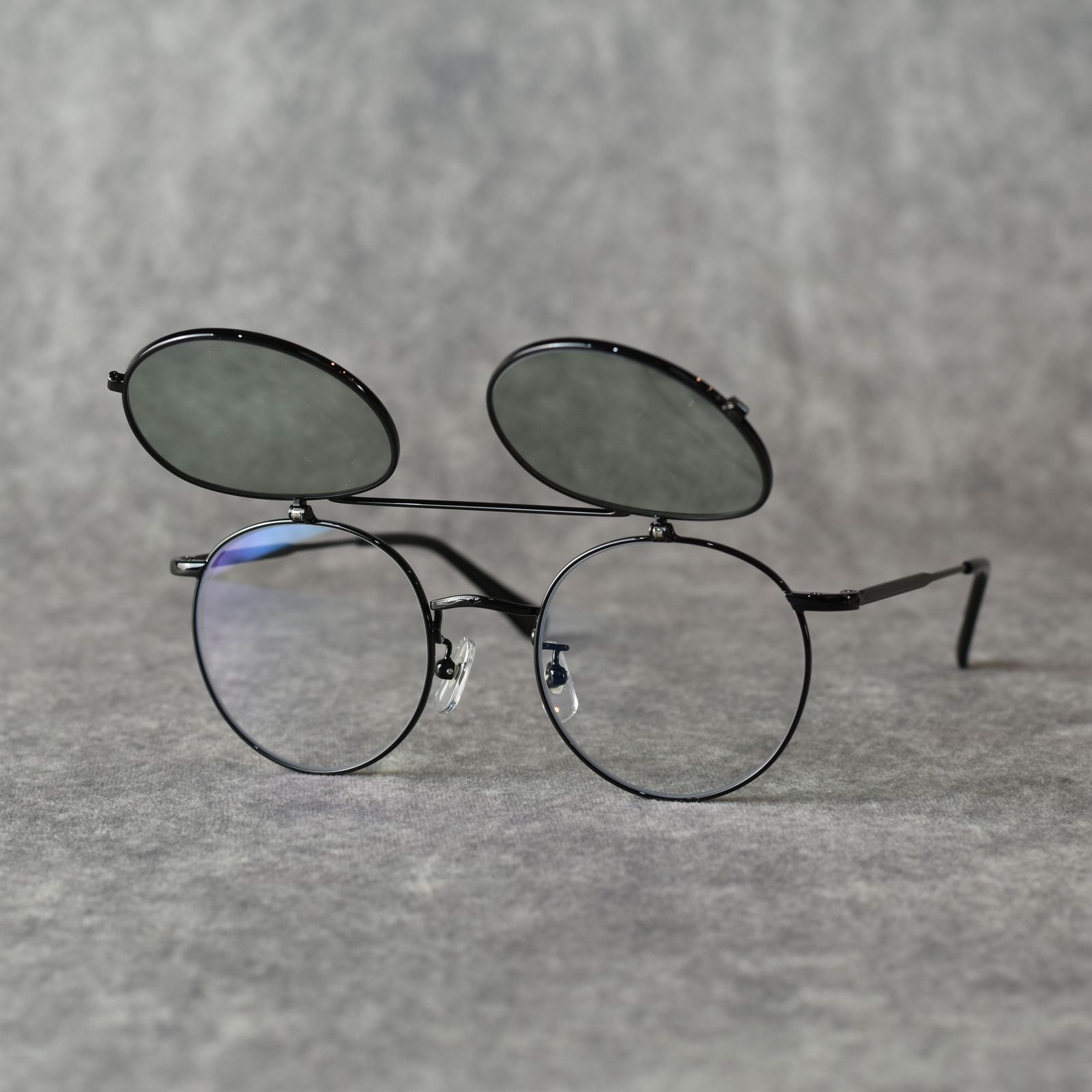 FLIP UP TYPE CIRCLE METAL GLASSES (BLACK/GREEN) / フリップアップタイプ サークルメタル サングラス