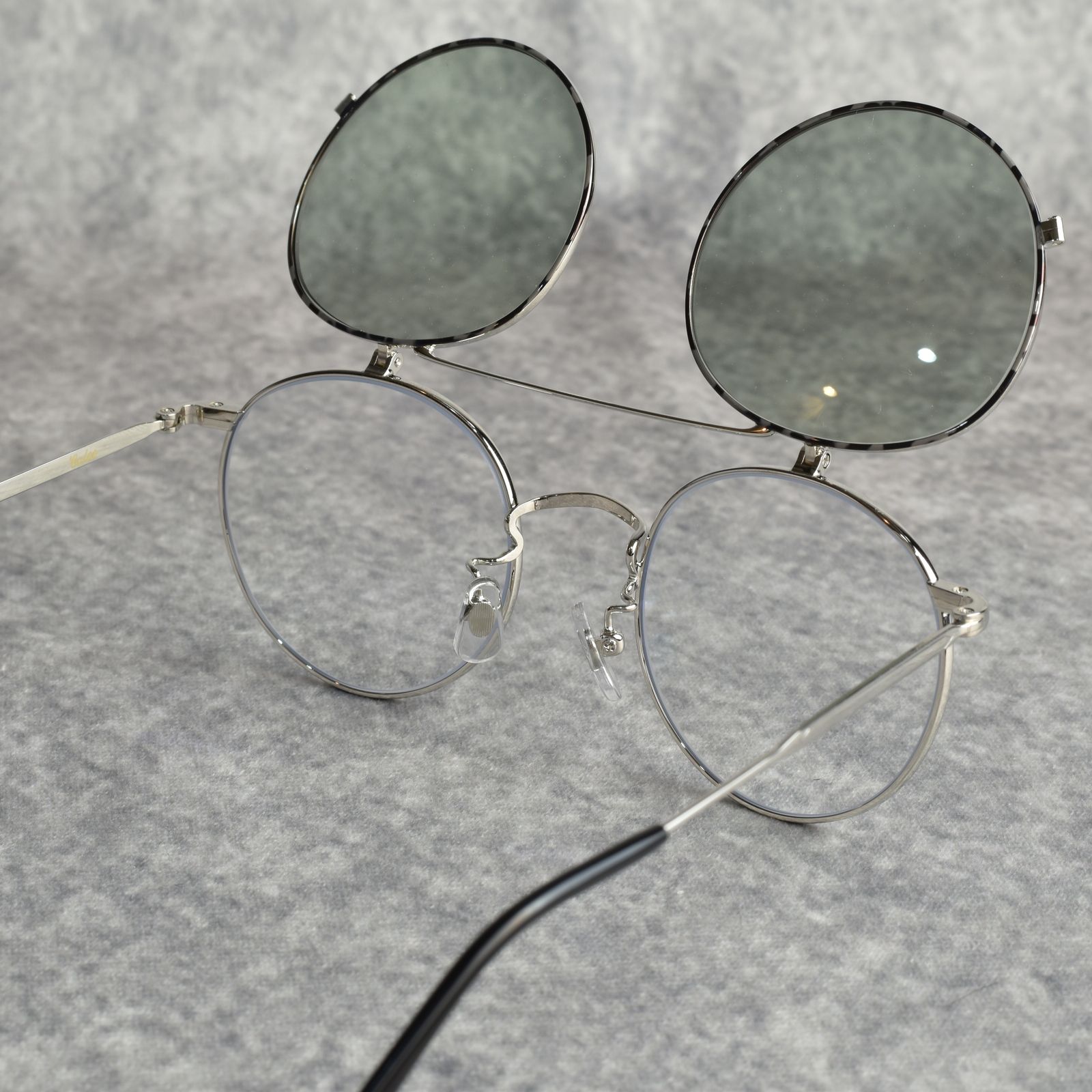 FLIP UP TYPE CIRCLE METAL GLASSES (SILVER/GREEN) / フリップアップタイプ サークルメタル サングラス