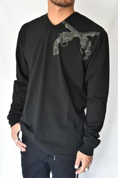 "CROSSGUN" SWAROVSKI CRYSTAL FREEDOM JERSEY L/S V-NECK T-SHIRT (BLACK)