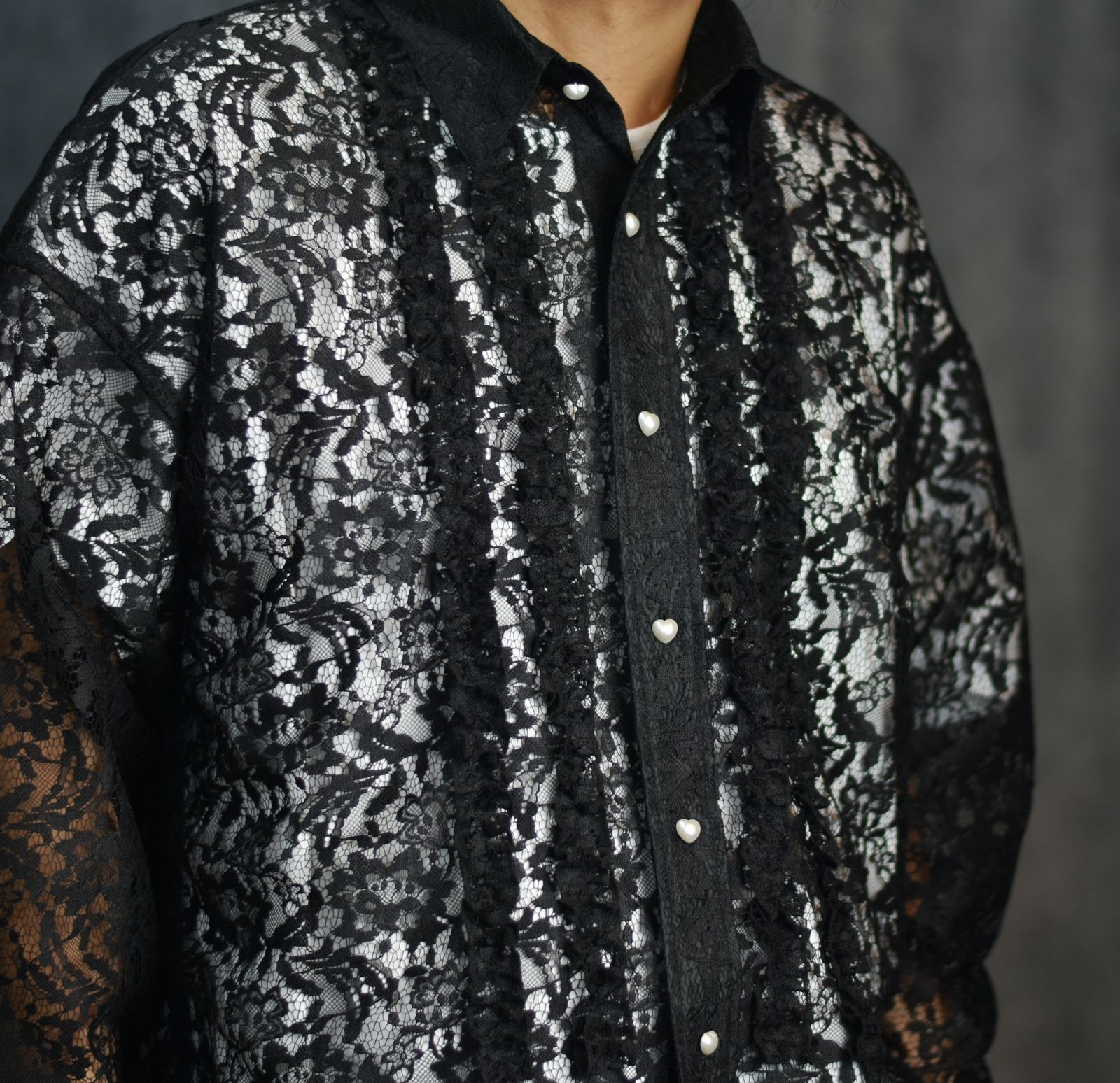 FLOWER LACE FRILL SHIRT (BK) / フラワーレース フリルシャツ