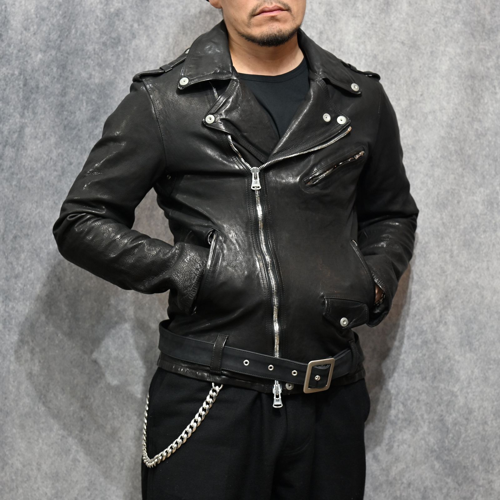 ジャパンカーフ タンニン鞣し 製品洗い ダブルライダース （BLACK） 1927-07