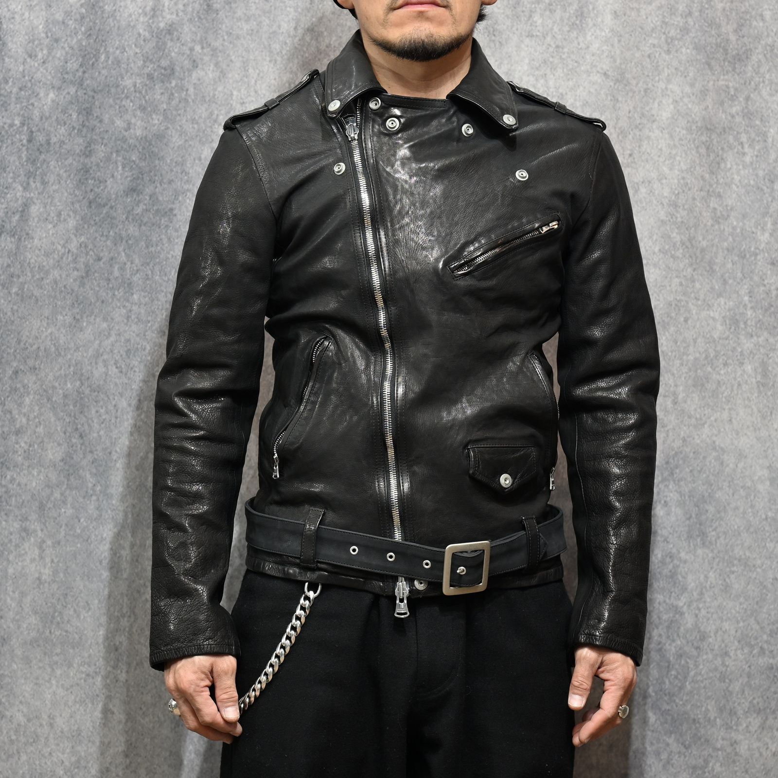 ジャパンカーフ タンニン鞣し 製品洗い ダブルライダース （BLACK） 1927-07