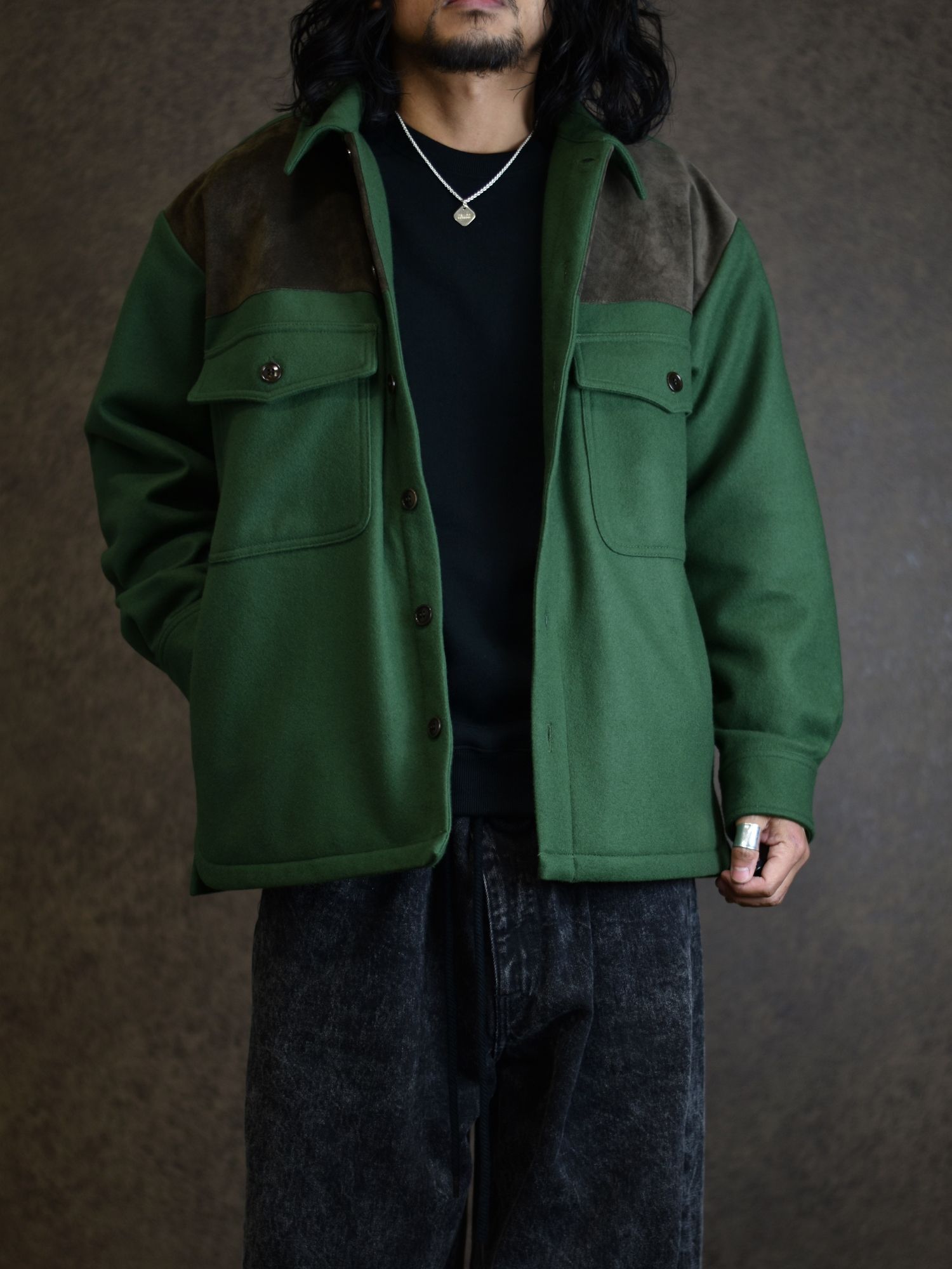 CALEE - M/S Over shilhouette shirt jacket (Green) / オーバーサイズ