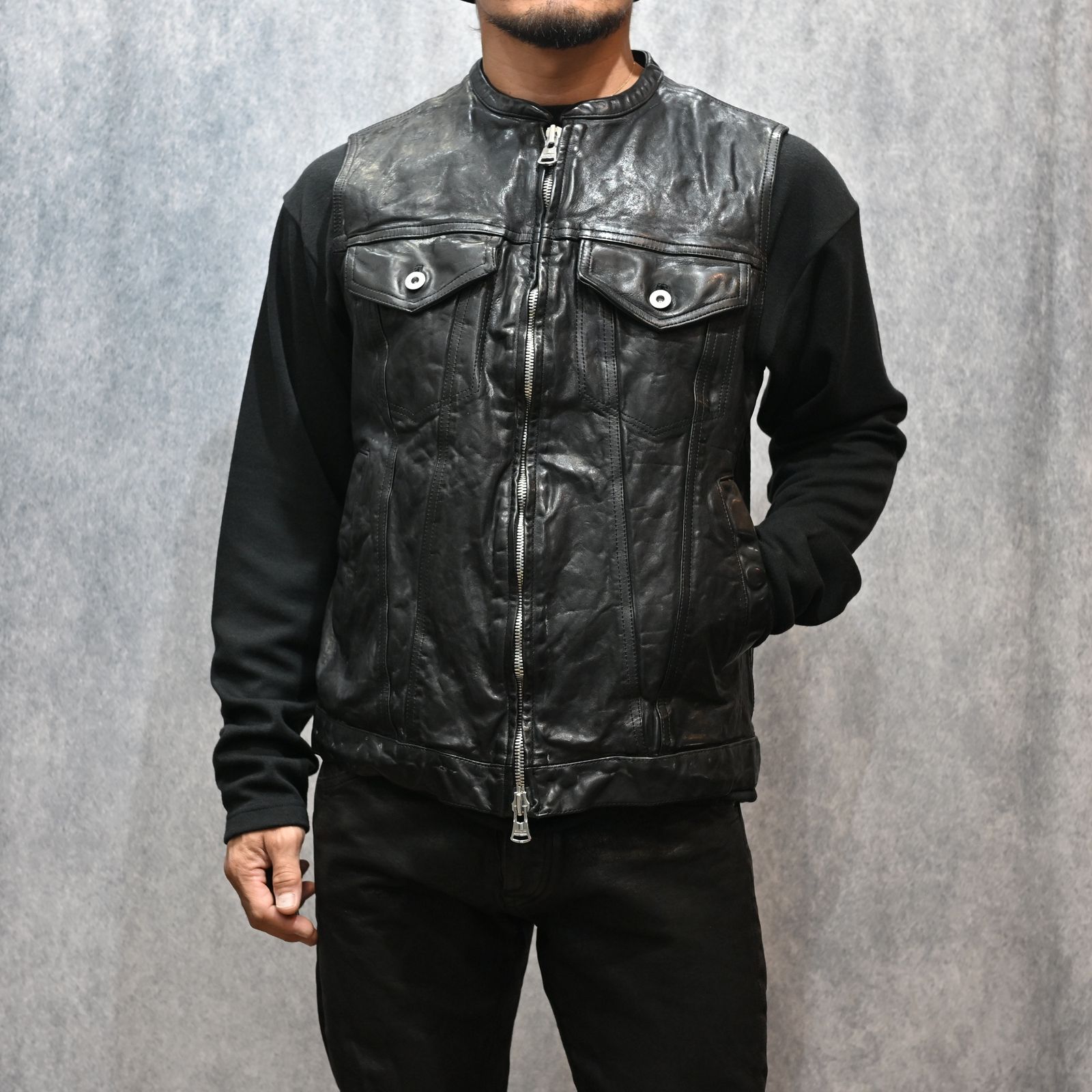 フレンチショルダー 製品染め クラブベスト （BLACK）｜1842-13