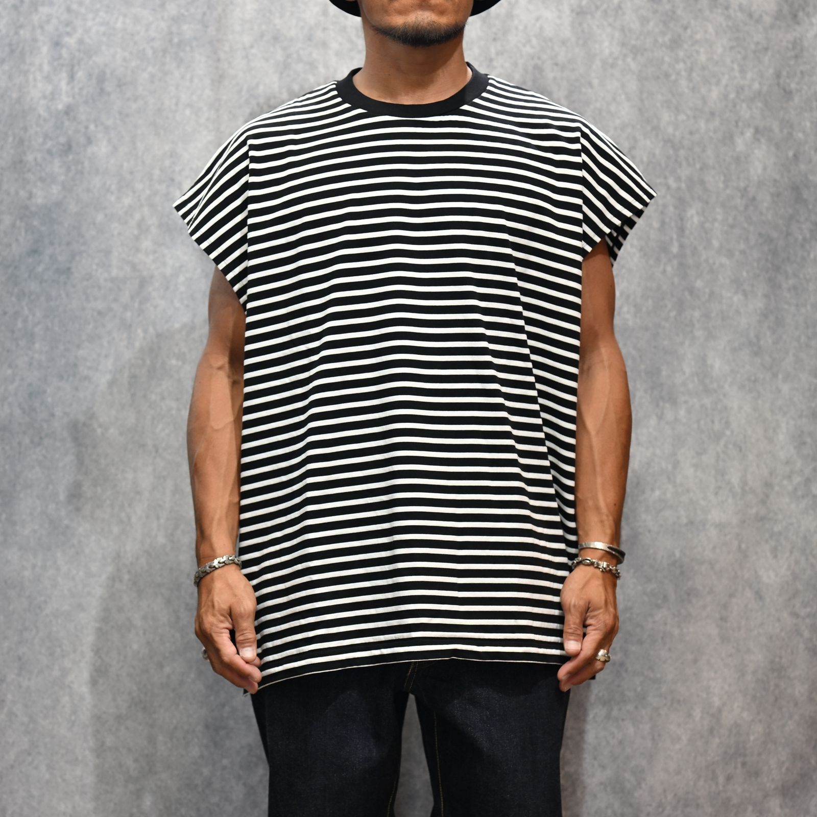 Big Nosleeve Border T-SH （WHITE） / ビック ノースリーブ ボーダーTシャツ （ホワイト） 2505-4007