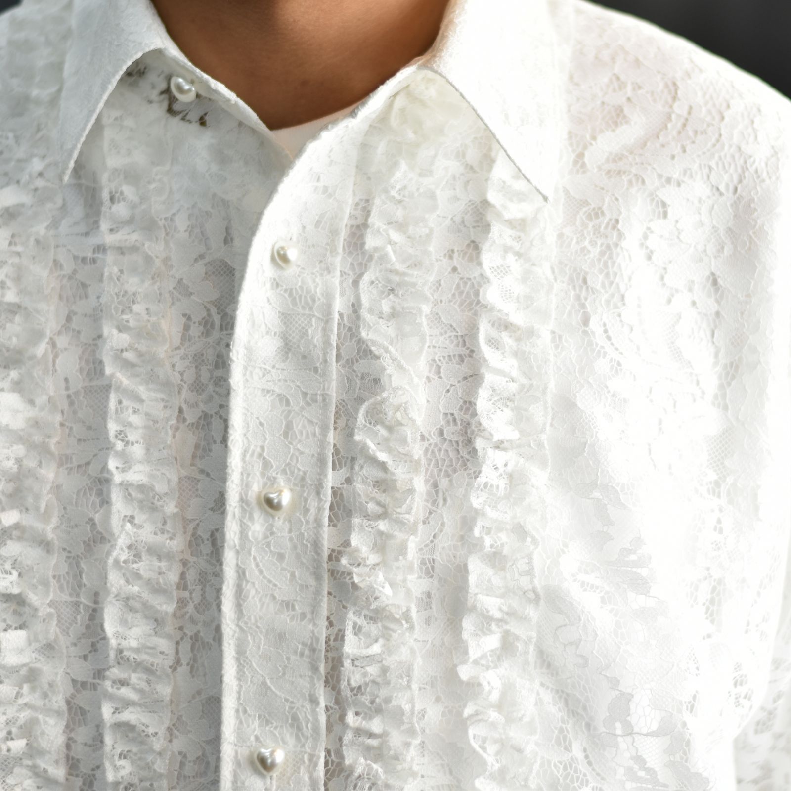 FLOWER LACE FRILL SHIRT (WHT) / フラワーレース フリルシャツ