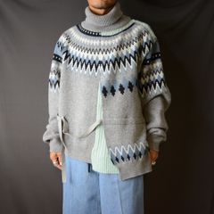 DECONSTRUCTED NORDIC KNIT （GRAY × BLUE） / ノルディック柄 ハイネック ニット （グレー × ブルー）
