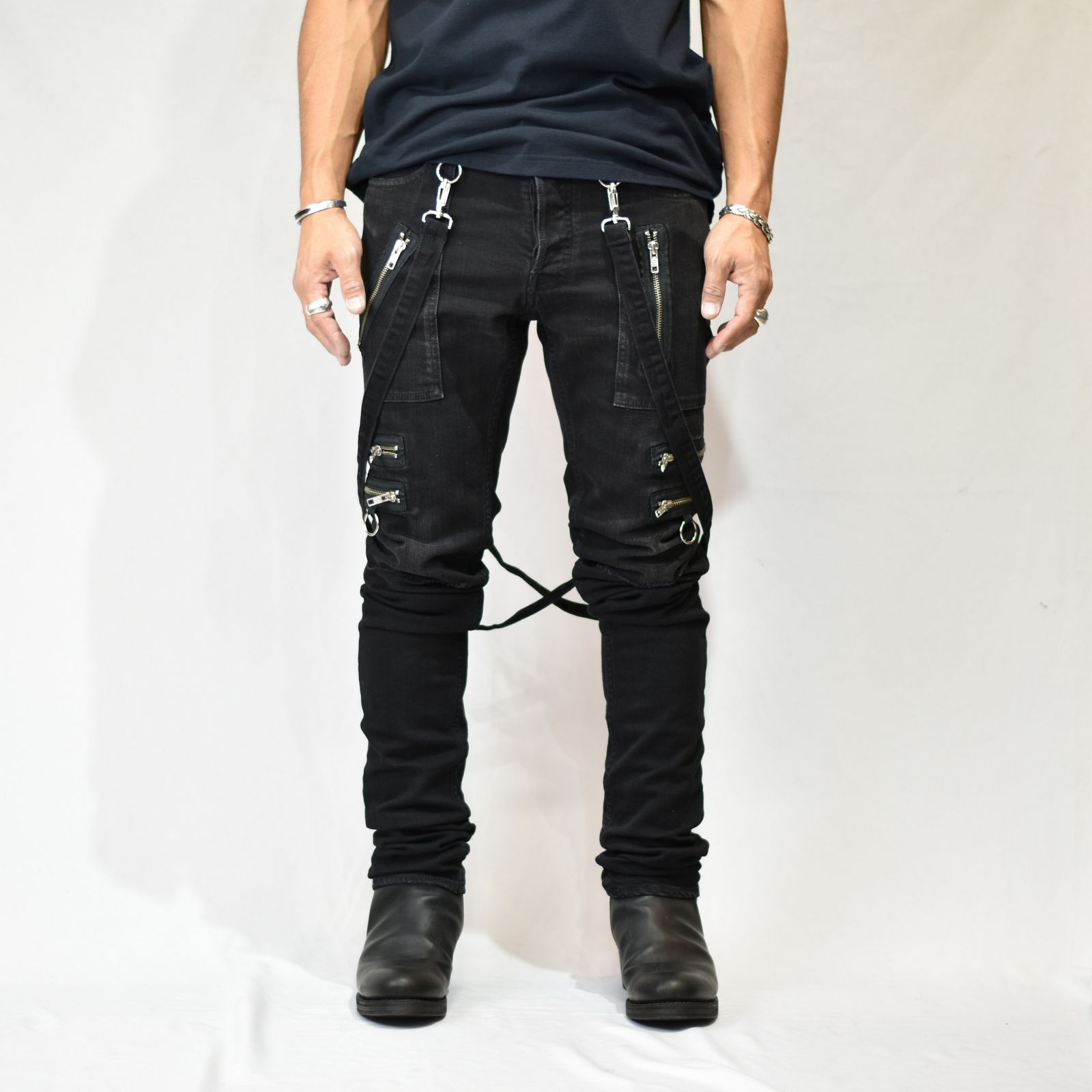 MINEDENIM - × KIDILL SKINNY ZIP & STRAPS DENIM PATNTS-DISTRESSED