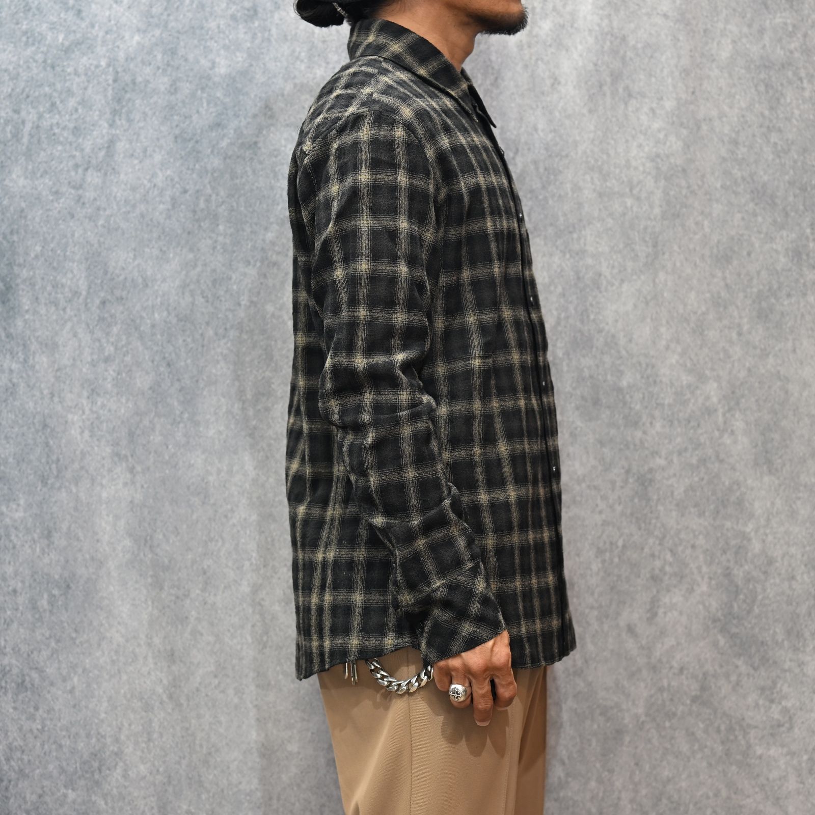 ウールガーゼ オンブレーチェック 縮絨シャツ （BLACK）｜2182-01