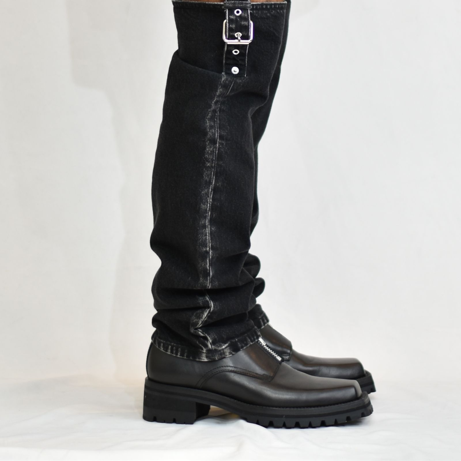 Washed denim detachable pants”