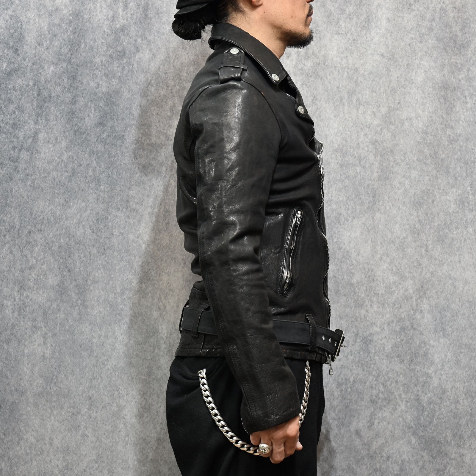 ジャパンカーフ タンニン鞣し 製品洗い ダブルライダース （BLACK） 1927-07