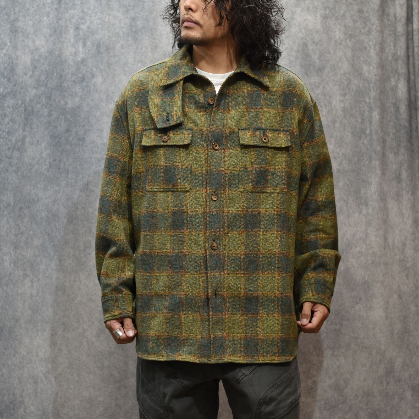 MOTTLE YARN HERRINGBONE OMBRE CPO (GREEN)｜オンブレチェック シーピーオーシャツ｜375202