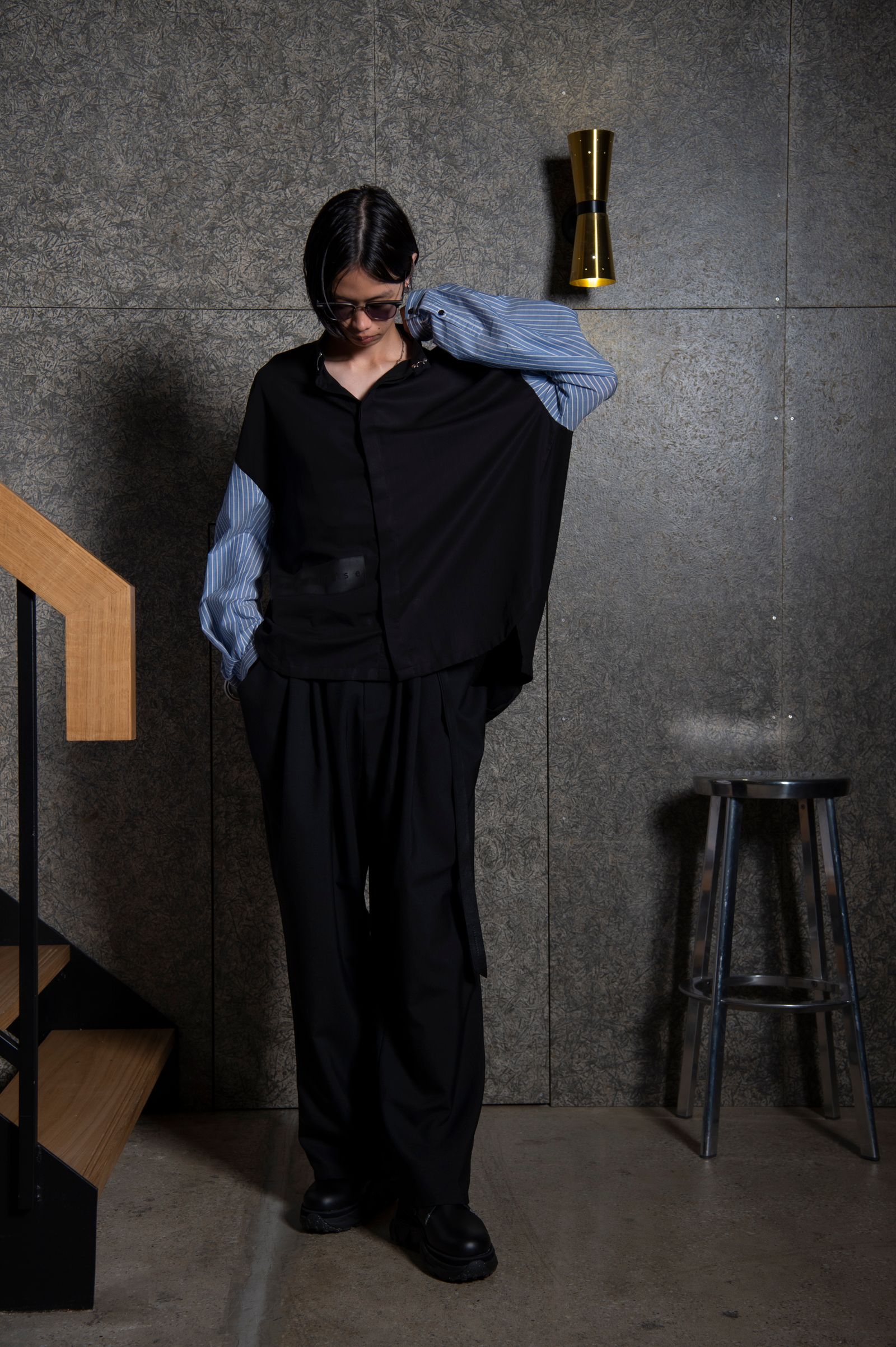 スタンドカラー ルーズシャツ / LB21SS-SH02-ST (BLACK×SAX STRIPE)