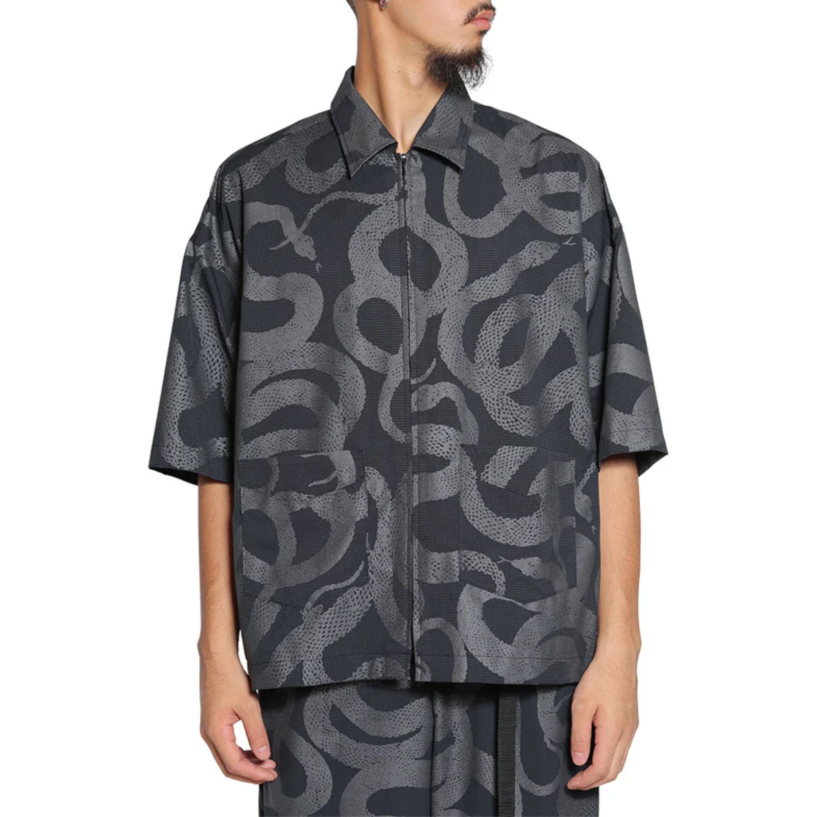 DOTAIR®︎ SNAKE PATTERN ZIP SH ＜REFLECTOR＞ (BLACK) / ドットエア スネーク総柄 半袖シャツ