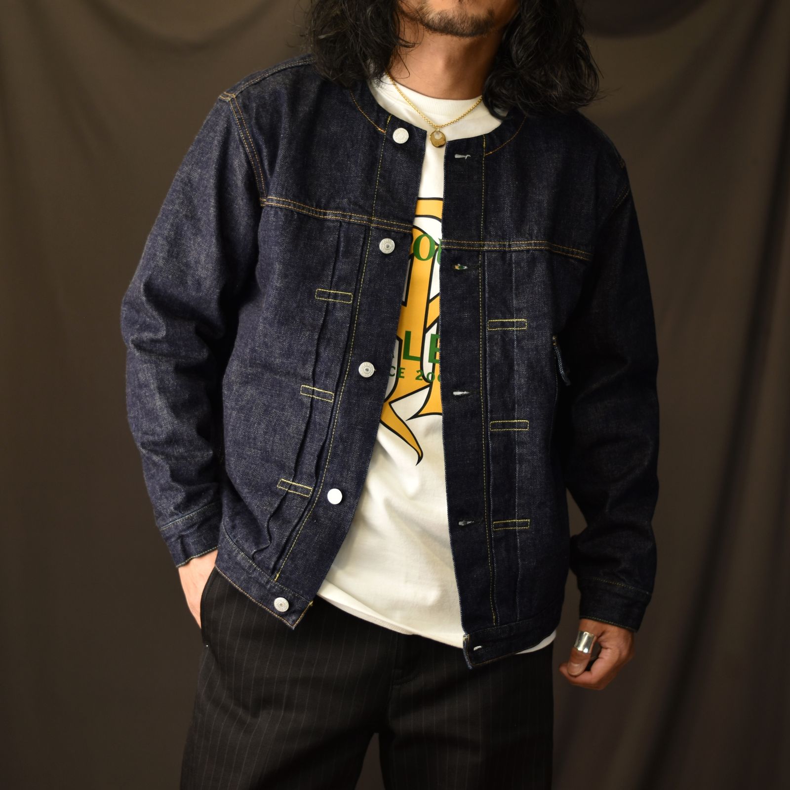 CALEE - 1st type no collar denim jacket -one wash- (Ow Indigo blue 