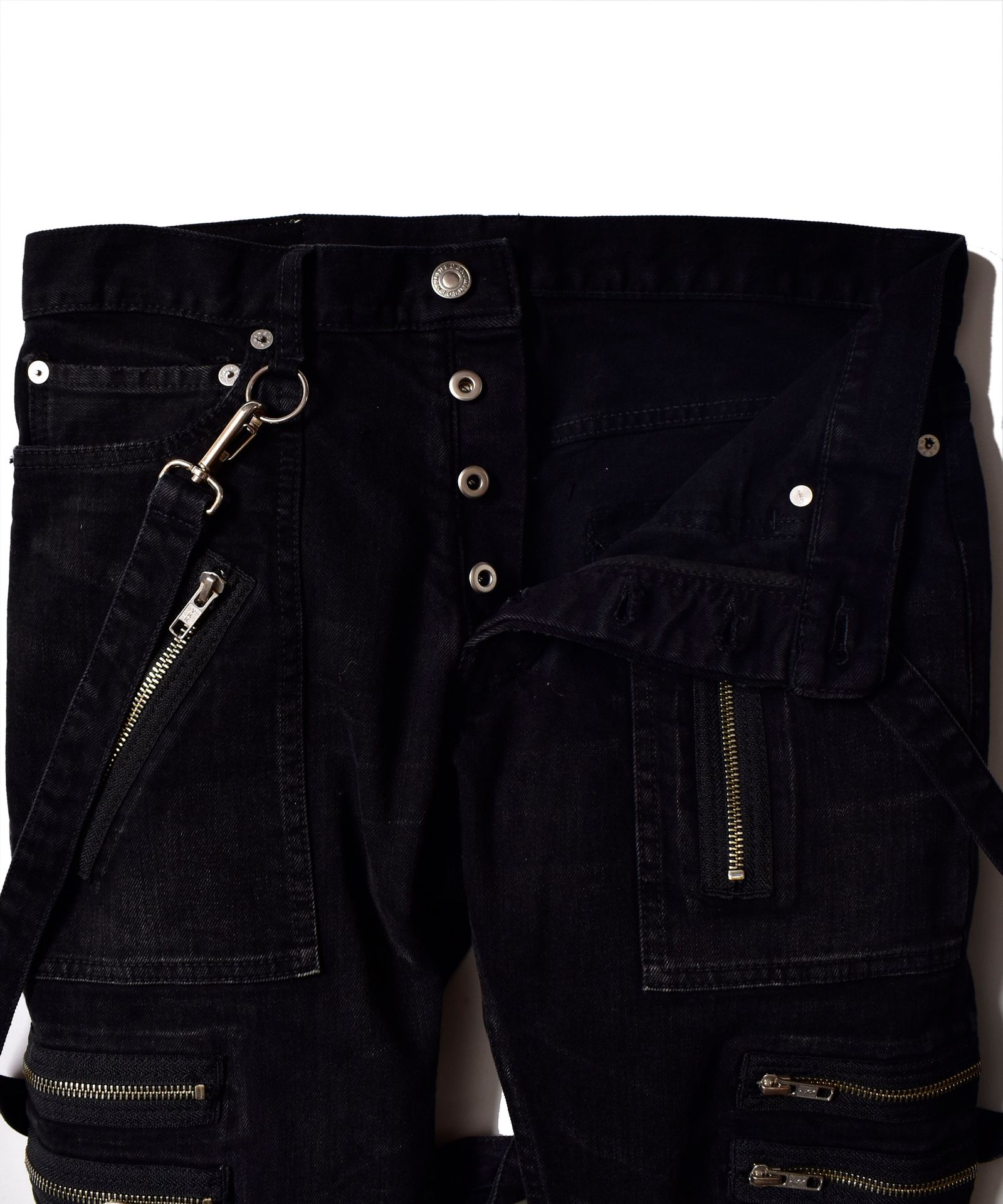 × KIDILL SKINNY ZIP & STRAPS DENIM PATNTS-DISTRESSED DENIM （BKU）