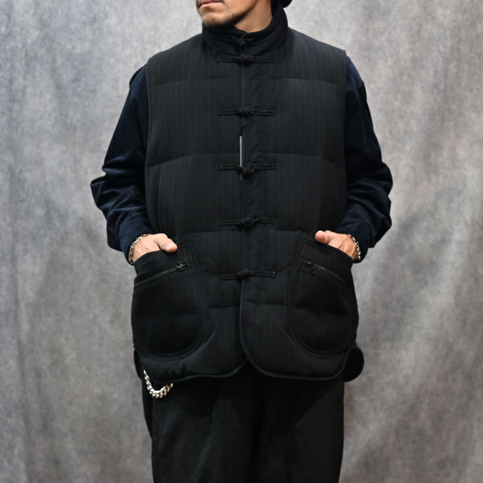 STRIPE CHINESE DOWN VEST （BLACK）｜チャイナ ダウンベスト （ブラック） PC-031-3607-10