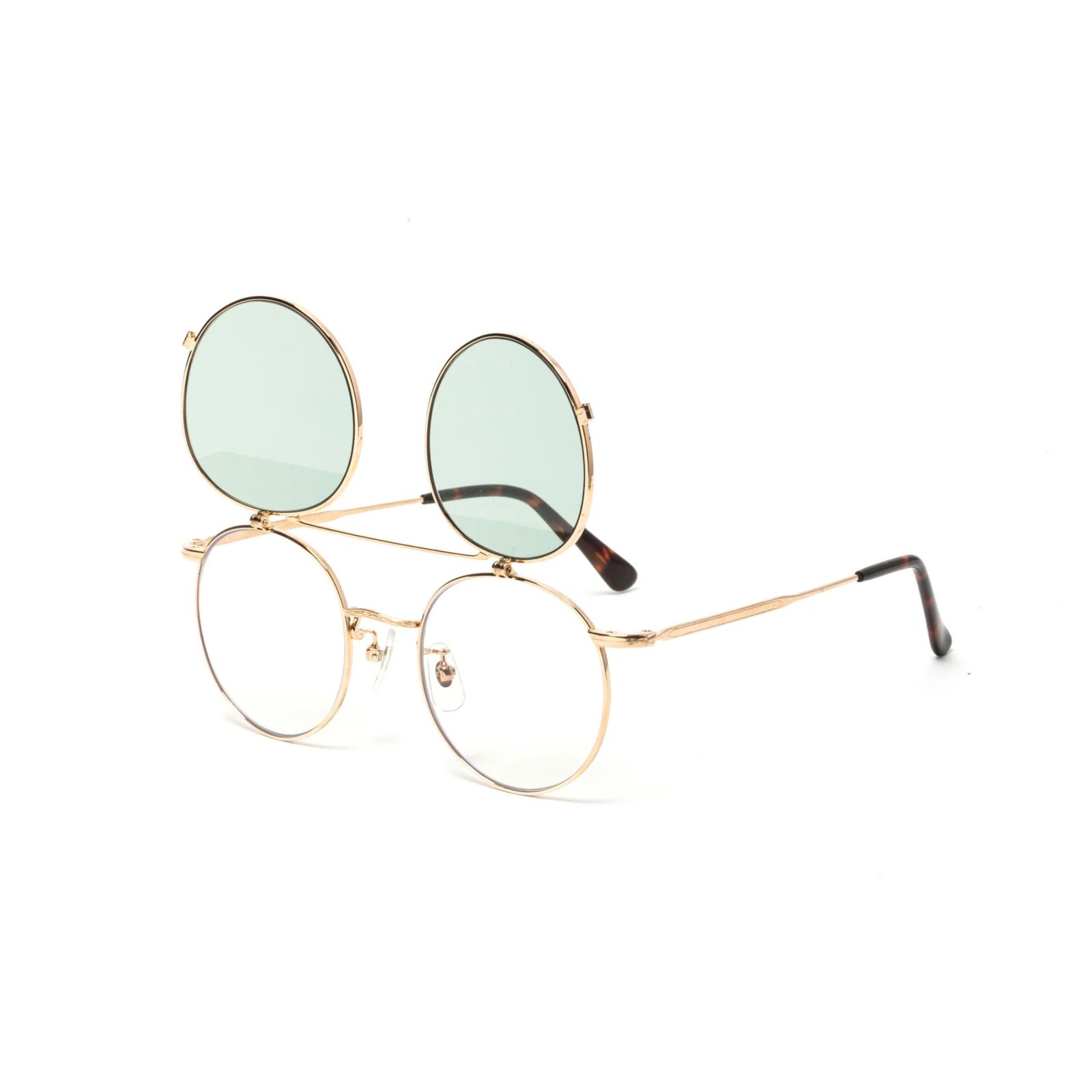 FLIP UP TYPE CIRCLE METAL GLASSES (GOLD/GREEN) / フリップアップタイプ サークルメタル サングラス