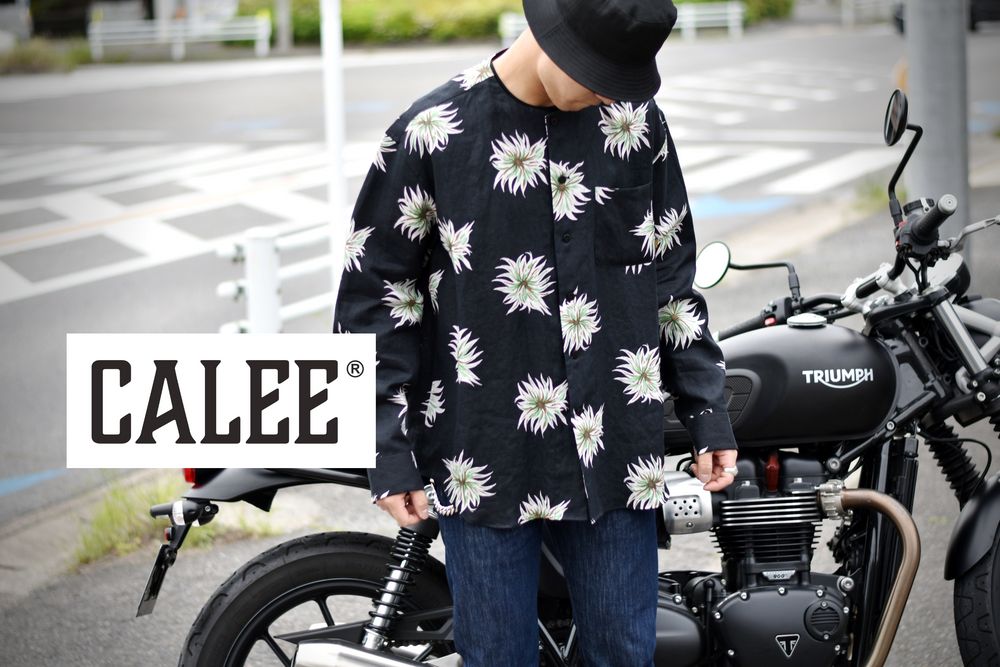 CALEE / ALLOVER FLOWER PATTERN L/S NO COLLAR LINEN SHIRT