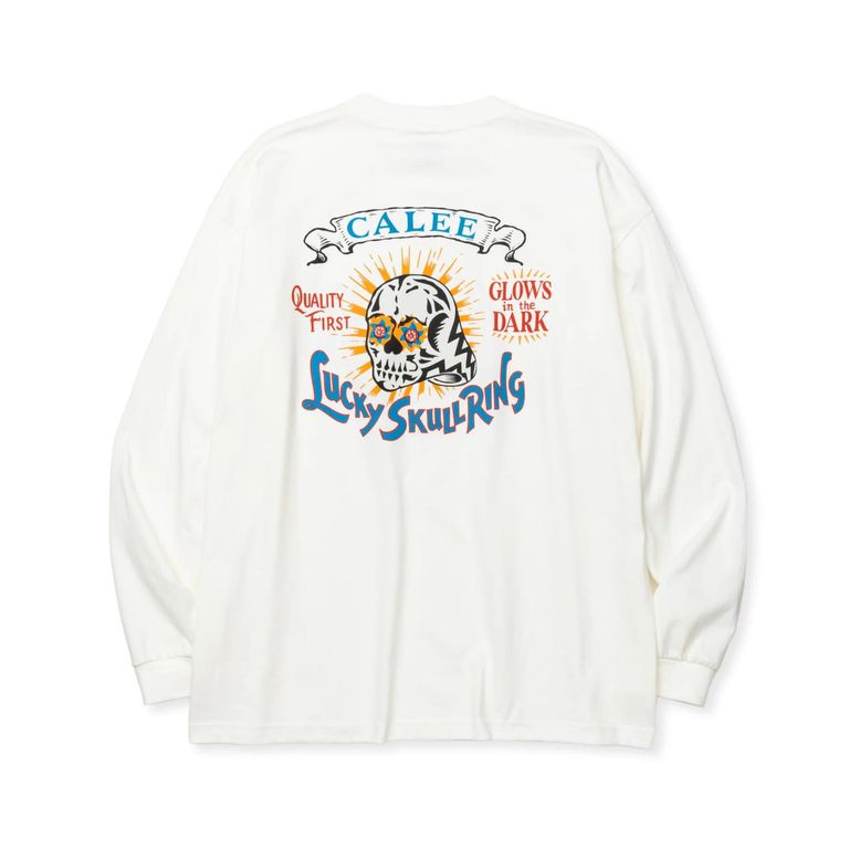 CALEE - LUCKY SKULL RING LOGO DROP SHOULDER L/S TEE (WHITE