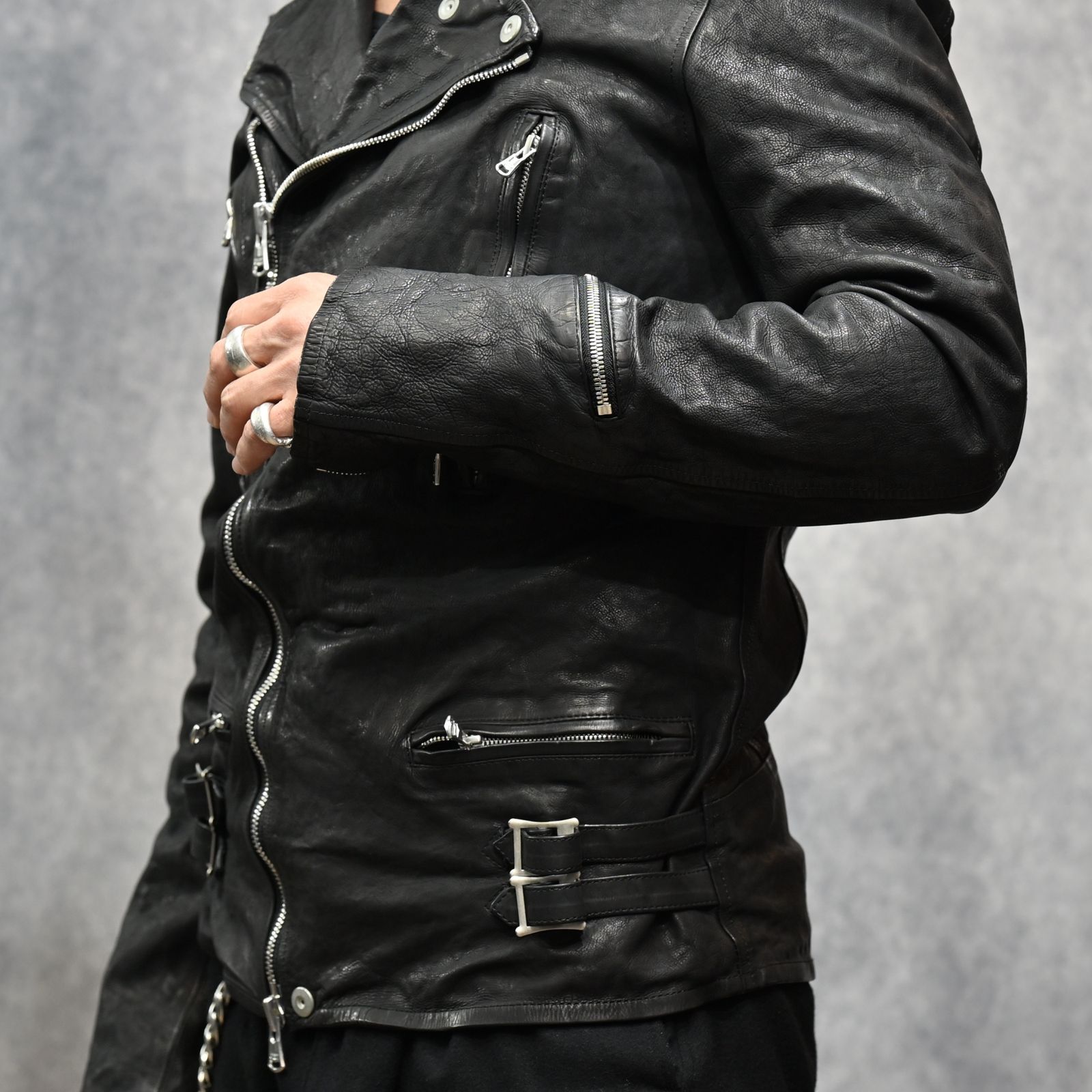 ジャパンカーフ タンニン鞣し 製品染め加工 ダブルライダース （BLACK /ブラック） 1927-01