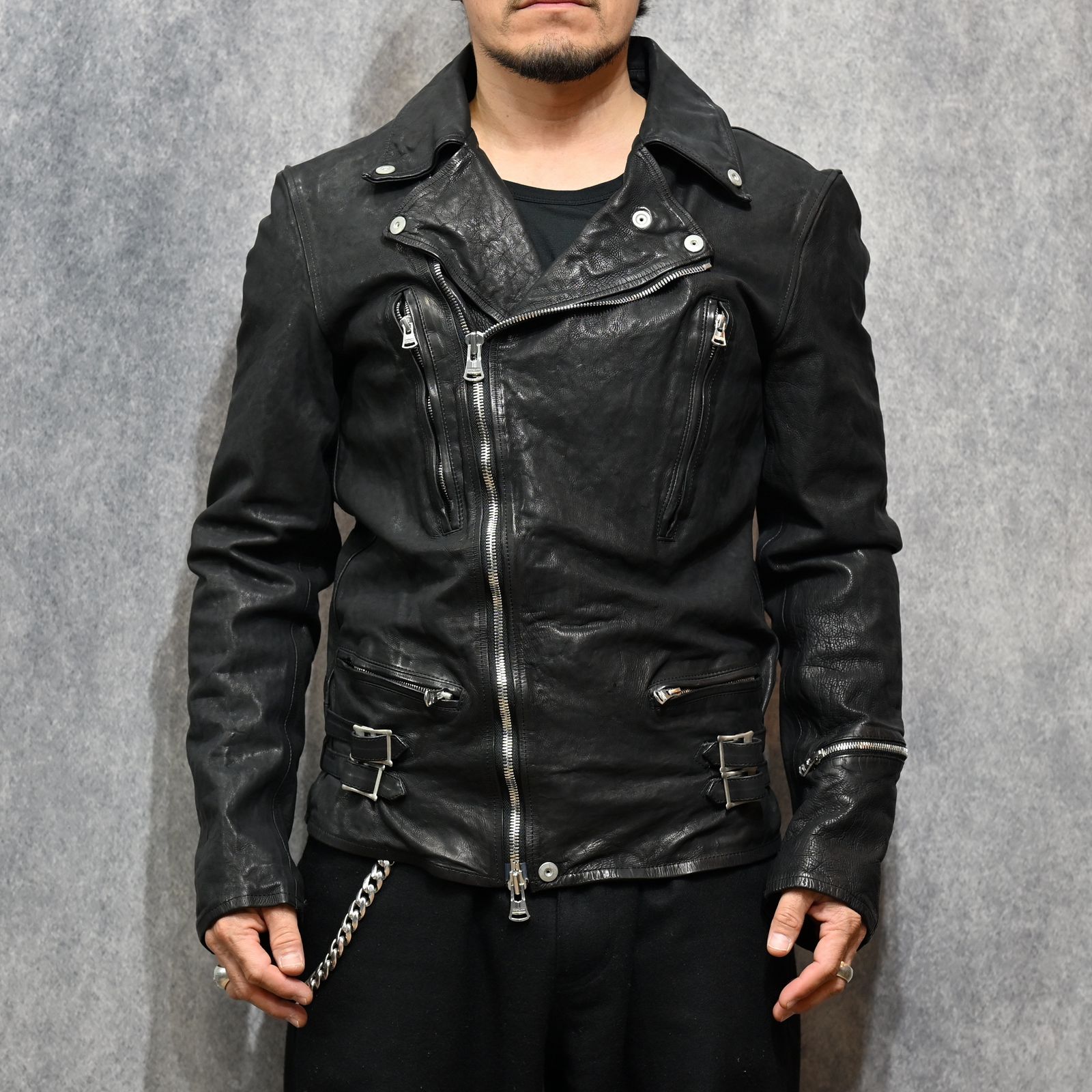 ジャパンカーフ タンニン鞣し 製品染め加工 ダブルライダース （BLACK /ブラック） 1927-01