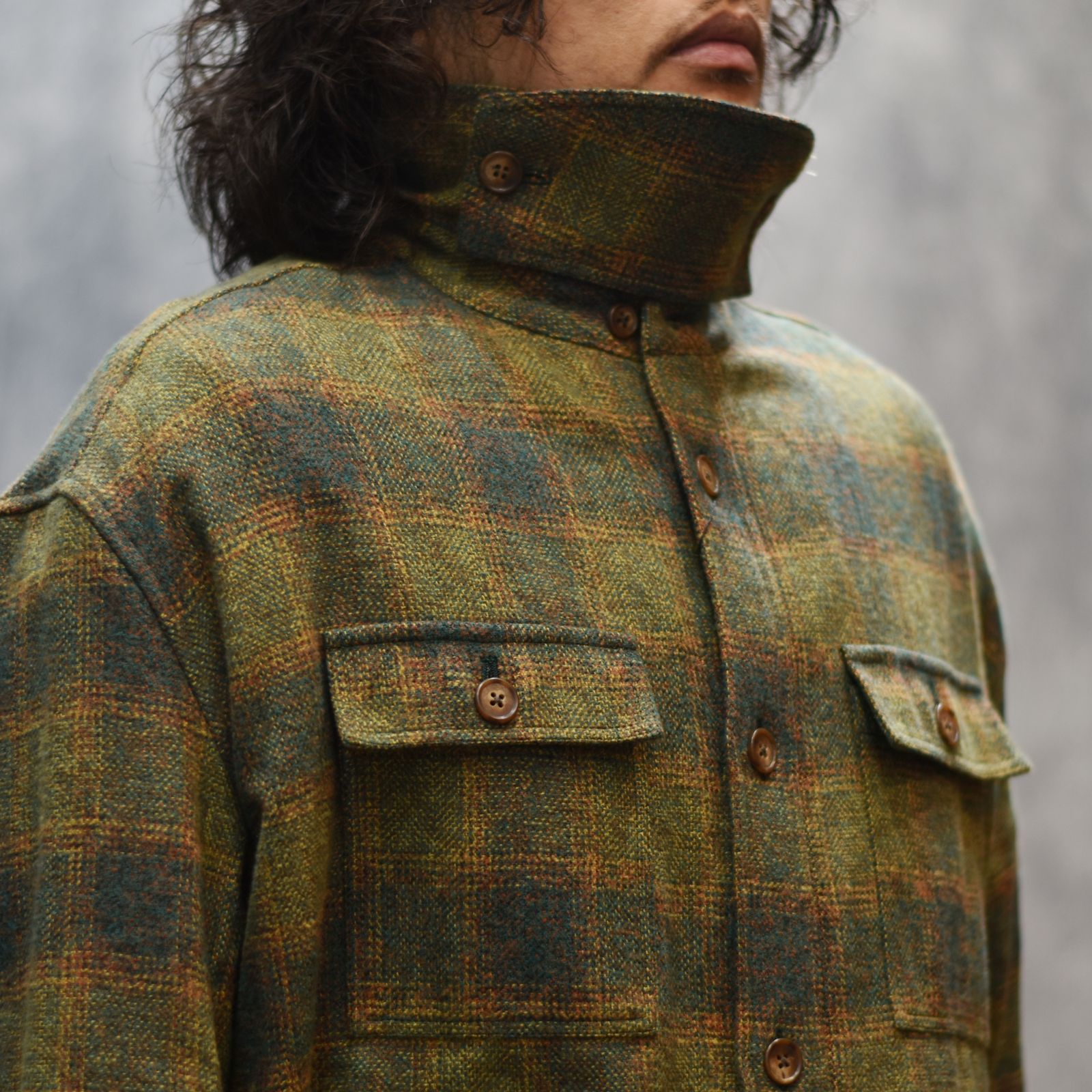 MOTTLE YARN HERRINGBONE OMBRE CPO (GREEN)｜オンブレチェック シーピーオーシャツ｜375202