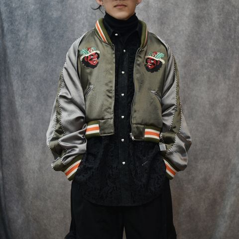 CROPPED YAMA KING EMBROIDERED SOUVENIR JKT (OLIVE)｜閻魔大王 スーベニアジャケット・スカジャン ショート丈・短丈｜PD25AW02