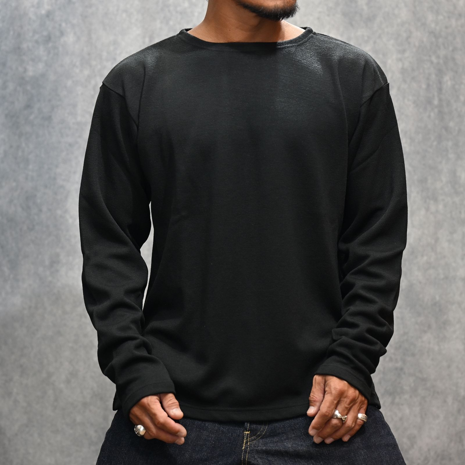 A.Wool Border Boatneck L/S T-SH （BLK）｜ボートネック ロンT｜2509-4001