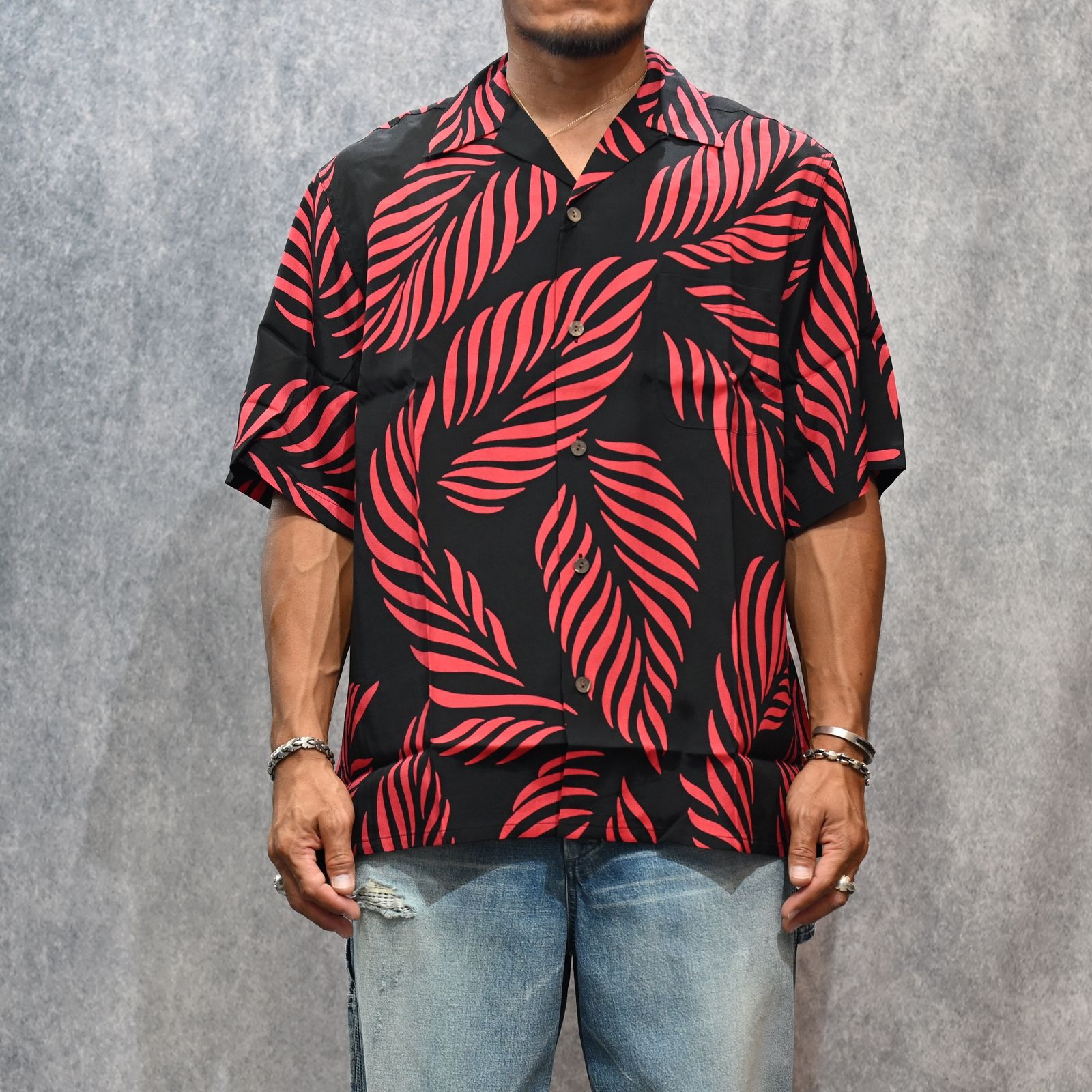 × WACKO MARIA Leaf Motif Hawaiian Shirt （BLACK×RED） / ワコマリア アロハシャツ （ブラック×レッド） 25MND-WM001