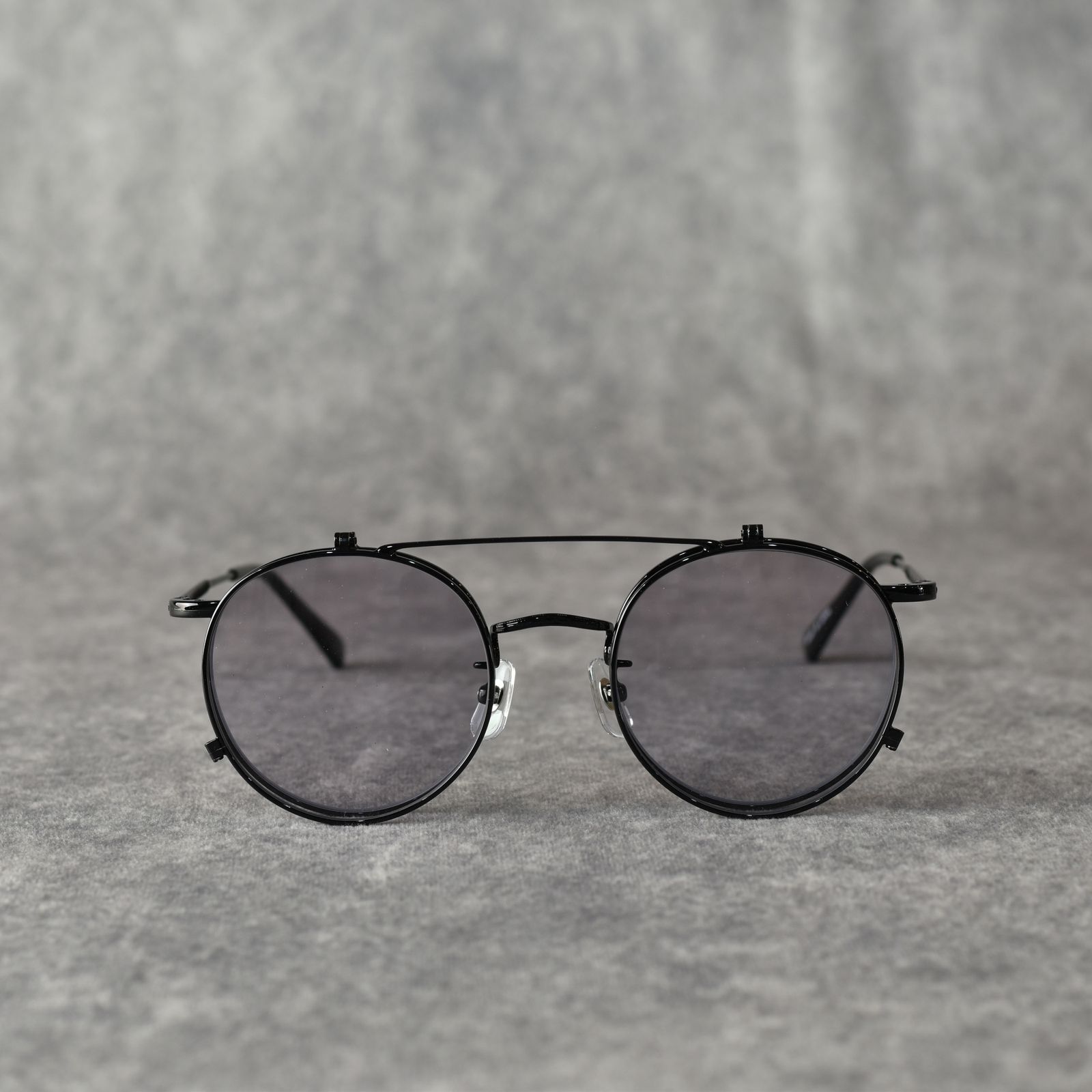 FLIP UP TYPE CIRCLE METAL GLASSES (BLACK/BLACK) / フリップアップタイプ サークルメタル サングラス