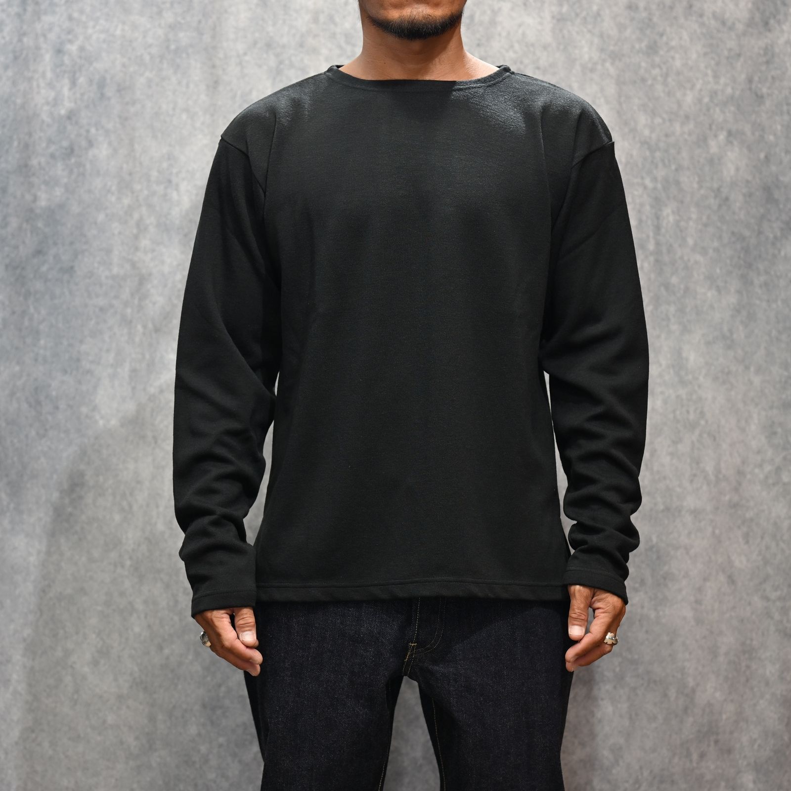 A.Wool Border Boatneck L/S T-SH （BLK）｜ボートネック ロンT｜2509-4001