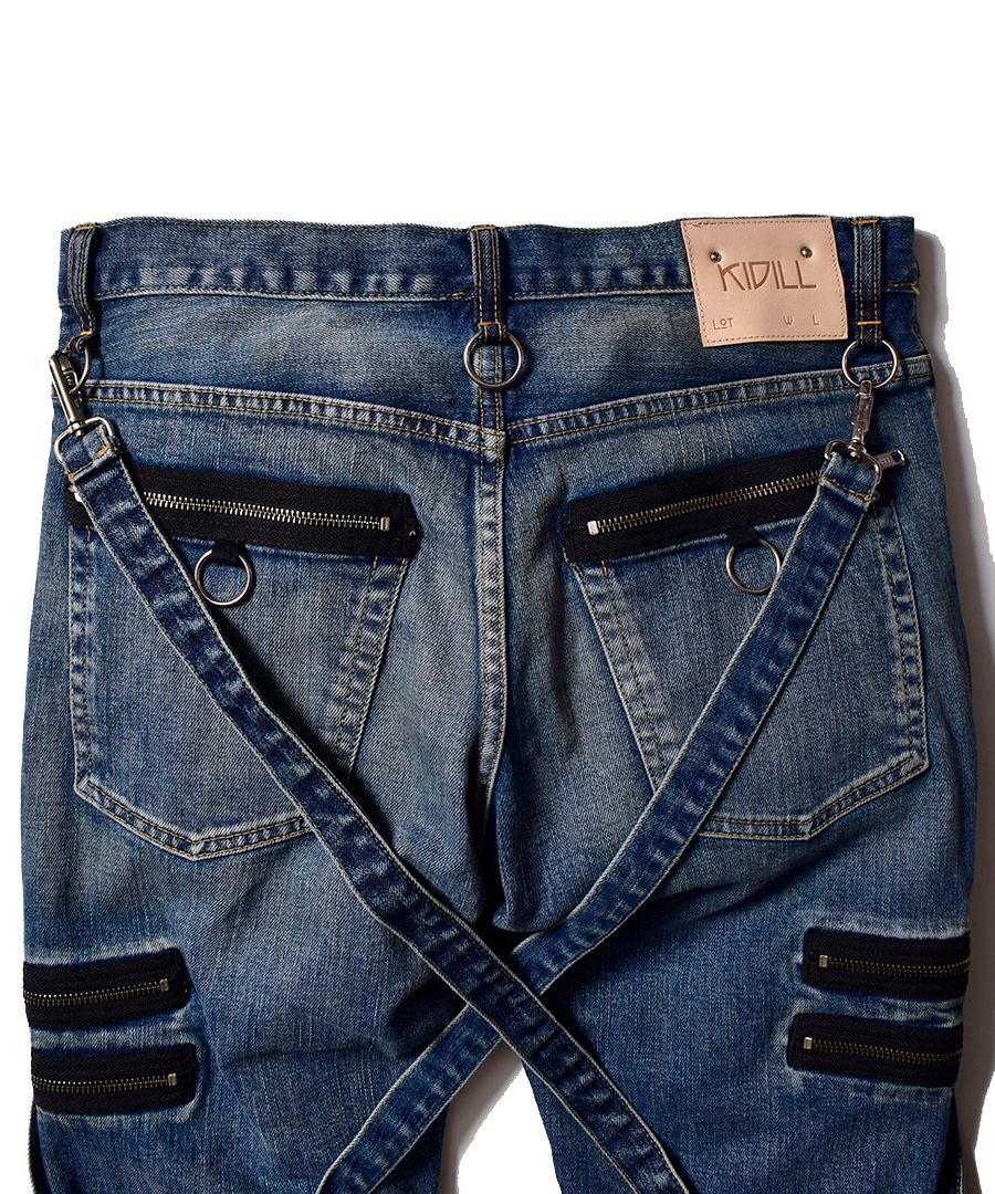 × KIDILL SKINNY ZIP & STRAPS DENIM PATNTS-DISTRESSED DENIM （USD）
