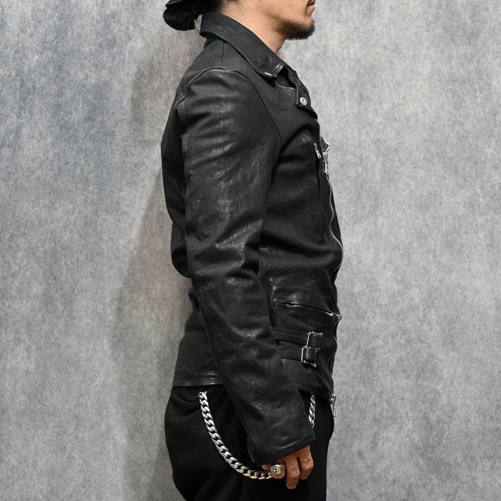 ジャパンカーフ タンニン鞣し 製品染め加工 ダブルライダース （BLACK /ブラック） 1927-01