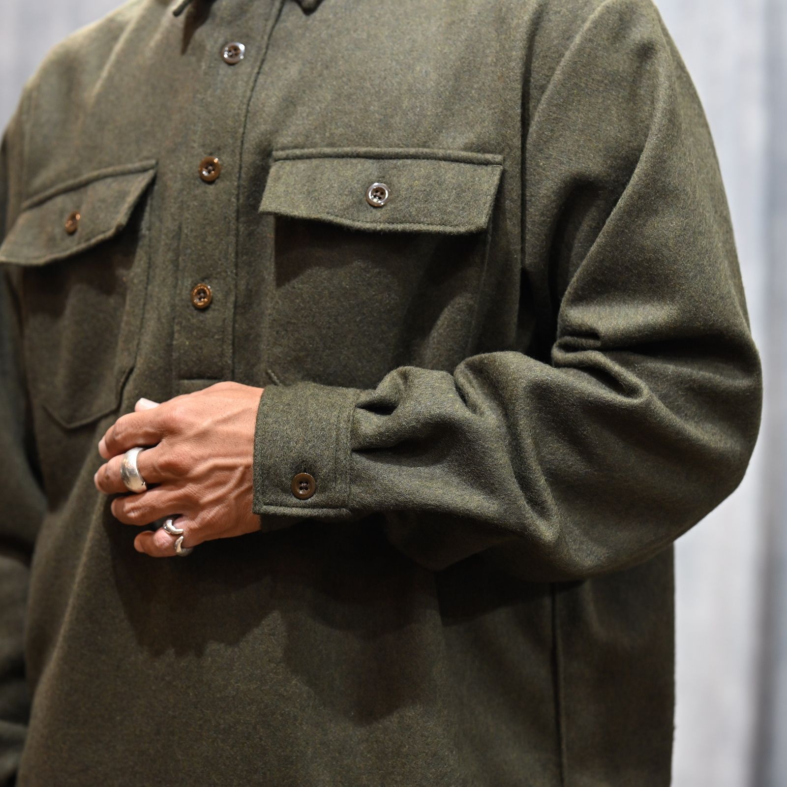 Wool Light Melton Pullover SH （KHA） / ウールメルトン プルオーバーシャツ （カーキ）｜2509-5003