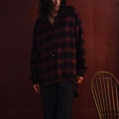 HF Ombre Band Collar Shirt （RED）｜オンブレチェック カラーレス ノーカラー シャツ （レッド）｜HF-21