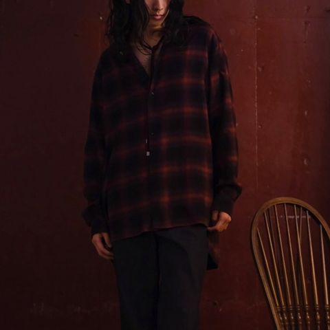 HF Ombre Band Collar Shirt （RED）｜オンブレチェック カラーレス ノーカラー シャツ （レッド）｜HF-21